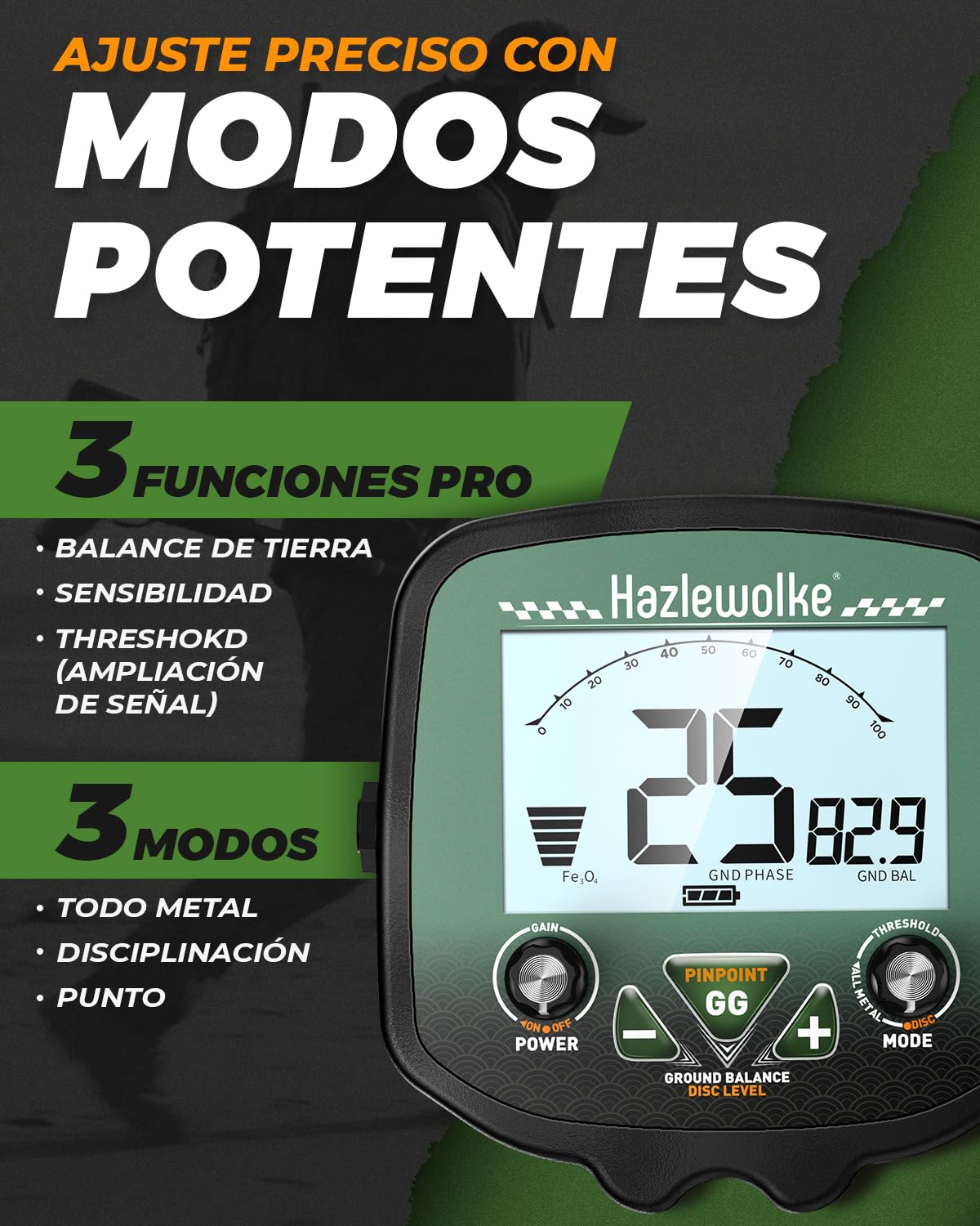 Detector de Metales Profesional con Bobina Doble-D Impermeable 13", Alta Frecuencia 19,23 kHz para Detección de Oro, Balance de Suelo Ajustable Mejorado, 3 Modos de Detección 12'' Profundidad
