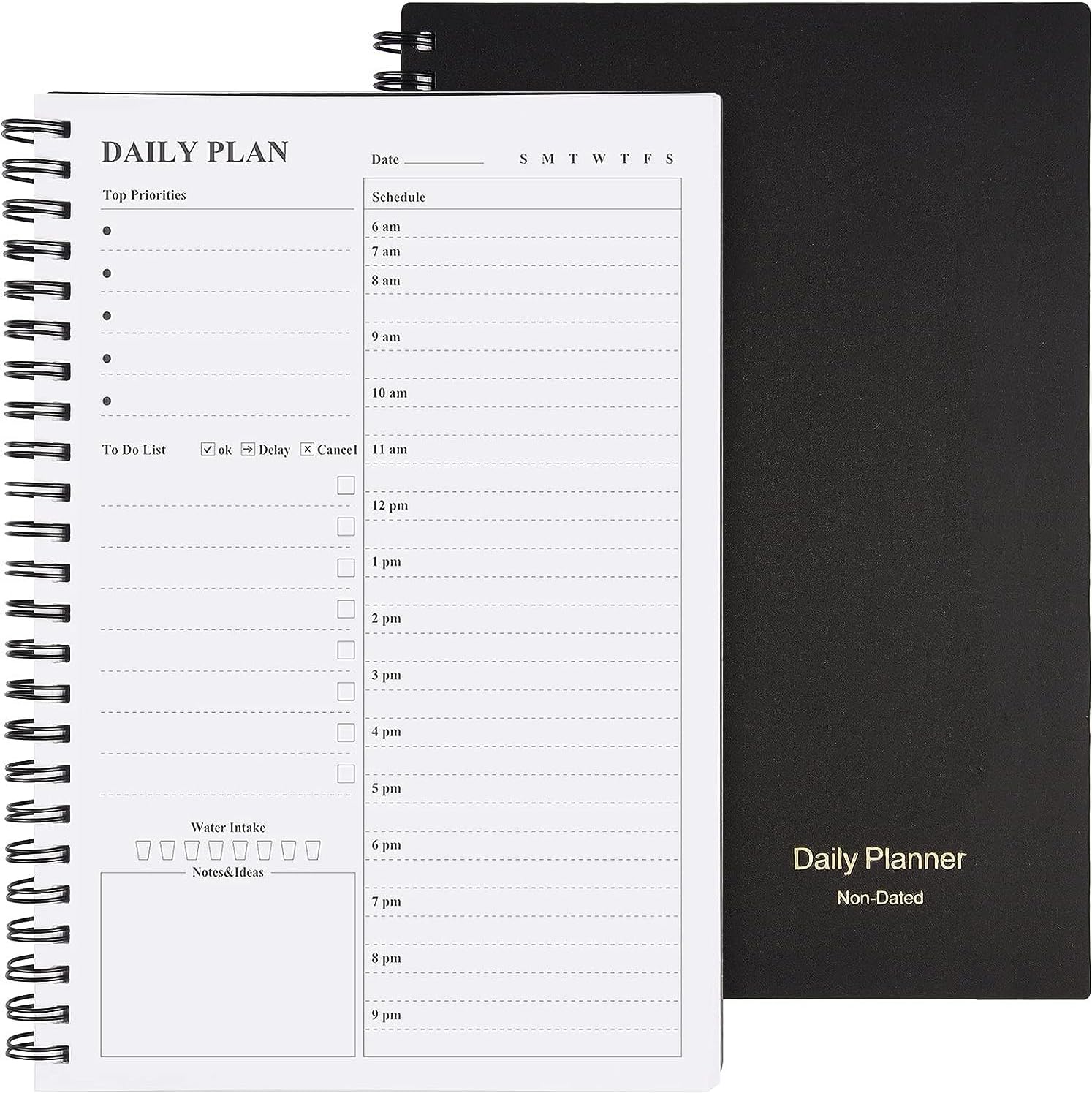 Premify Daily Planner Undated, To Do List Spiral Notebook Hourly Schedules Appointment Planner for Men and Women Habbit Tracker, PVC Hardcover, A5 Inner Page 8.3" x 5.8" (80 Sheets Black)
