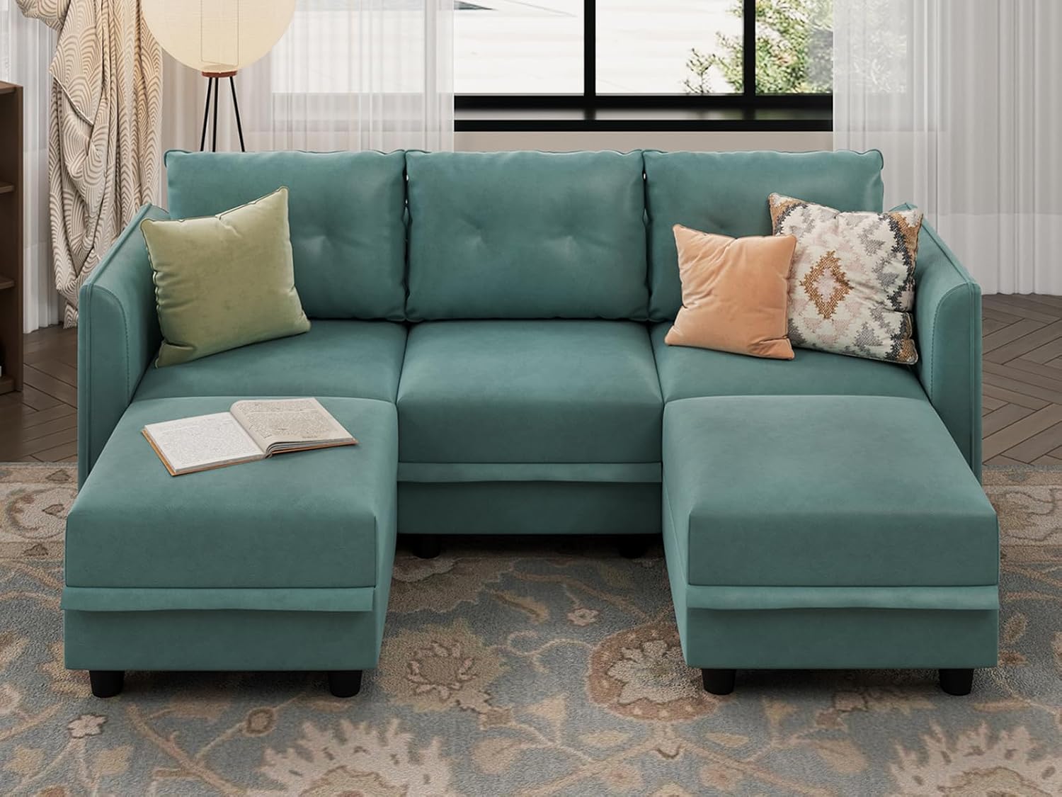 LLappuil Modular Sectional Sofa, Convertible U Shaped Couch with Storage, Faux Leather Fabric Waterproof Sectional Couch for Living Room, 86.2" Width, 5 Seat Modular Sofa, Aqua Blue