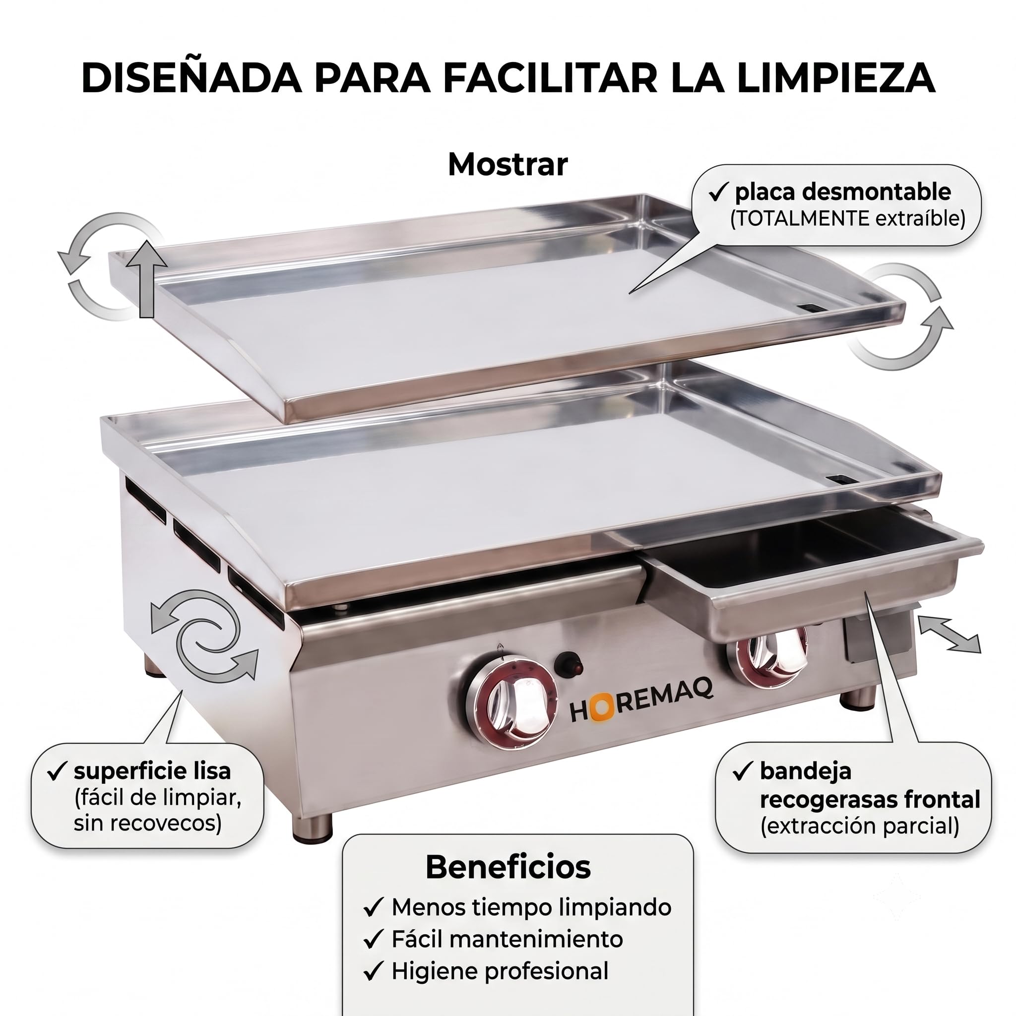 Plancha Gas Butano Profesional 60 cm, Placa Extraíble en Acero Laminado 6 mm, 2 Quemadores, 5,50 kW, Cuerpo de Acero Inoxidable, Sobremesa Hostelería, Fabricada en España