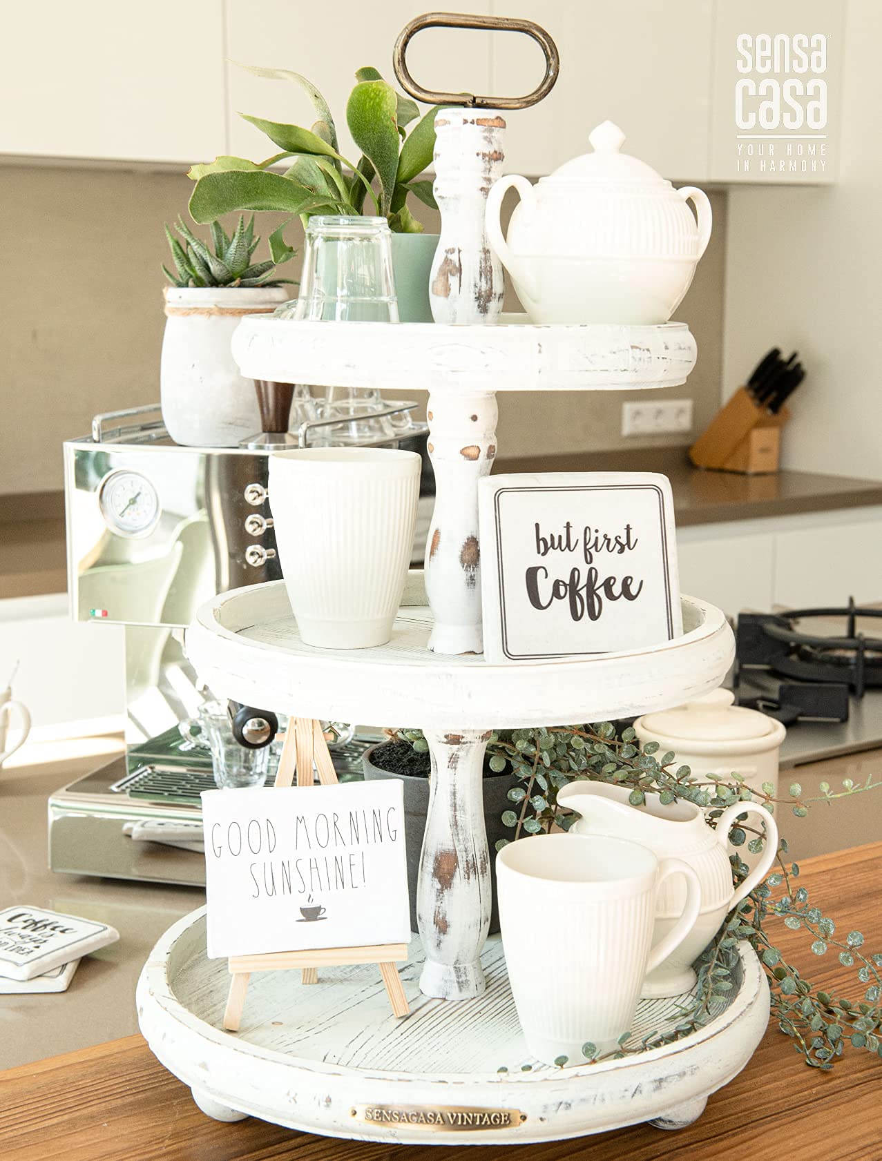 SensaCasa Vintage Etagère 3 ply - Wooden Etagere with three layers | Wooden decorative tray