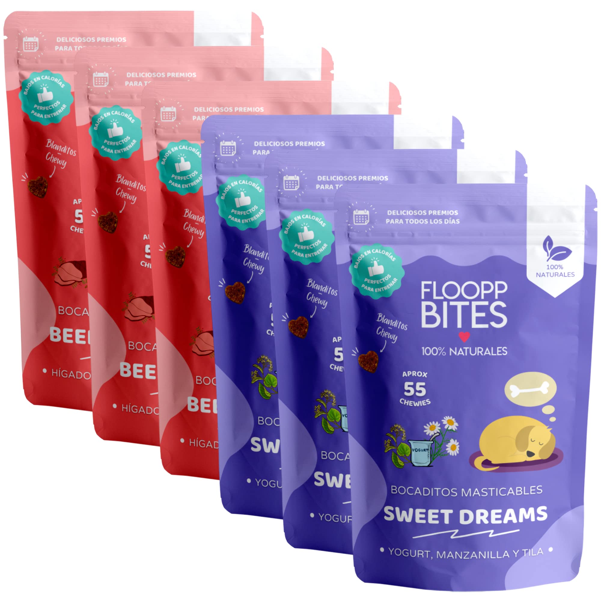 FlooppBITES Snack Perro 100% Naturales - Textura Masticable - Chuches, Premios, Golosinas Perro - Mix Pack Hígado, Zanahorias, Yogurt, Manzanilla, Tila - Pack 6x50gr (Total 300gr)