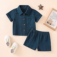 Vista 2 de Conjunto de ropa para bebés varones, camisas abotonadas para niños pequeños e infantes + pantalones cortos de gasa de algodón, conjunto de verano