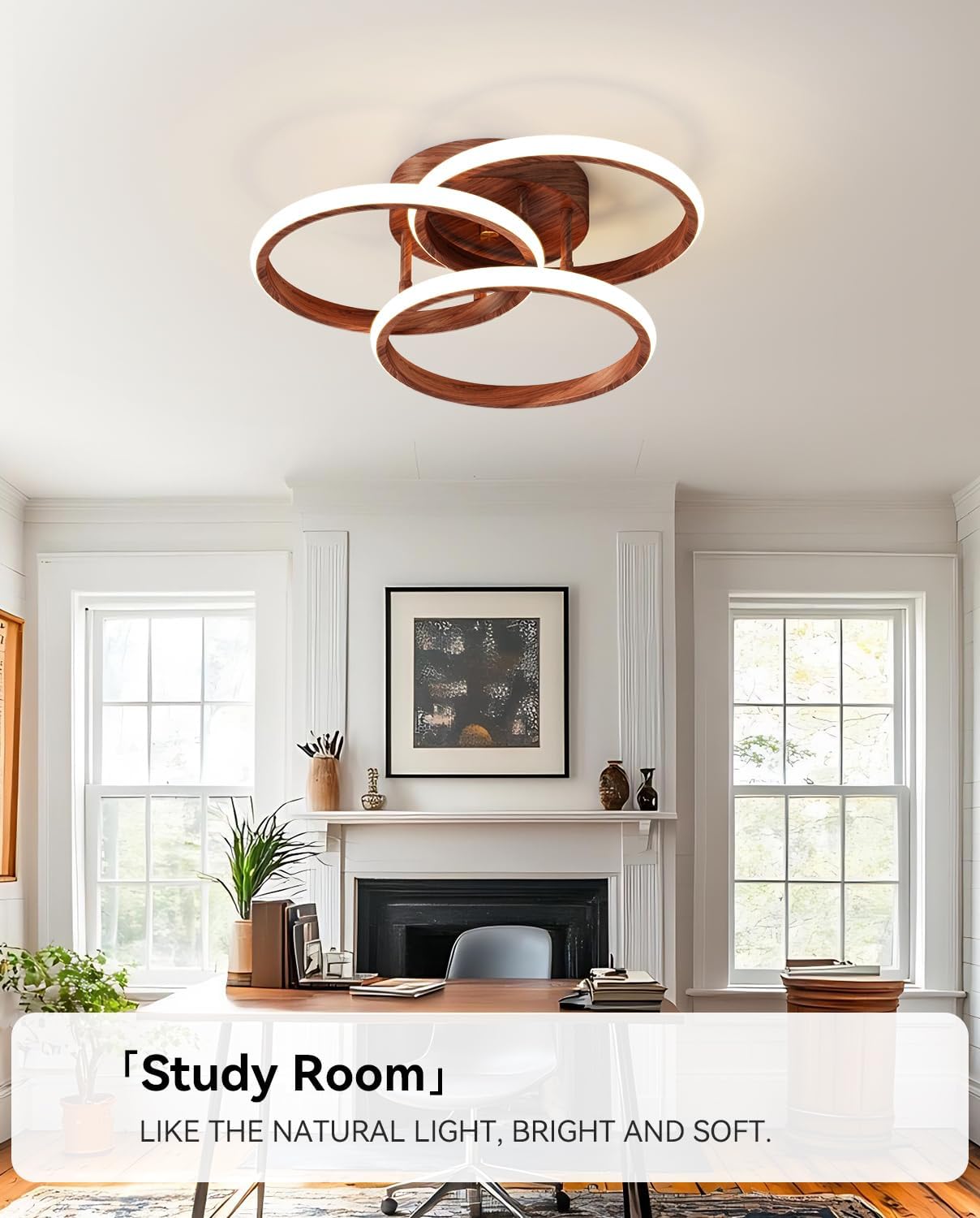 Dimmable LED Semi Flush Mount Ceiling Light Fixture with Remote Control 3-Color Dimming Circle Modern Chandelier, Close to Ceiling Bedroom Kitchen Hallways Balcony Corridor Lamp (15in- 3 Ring Wood)