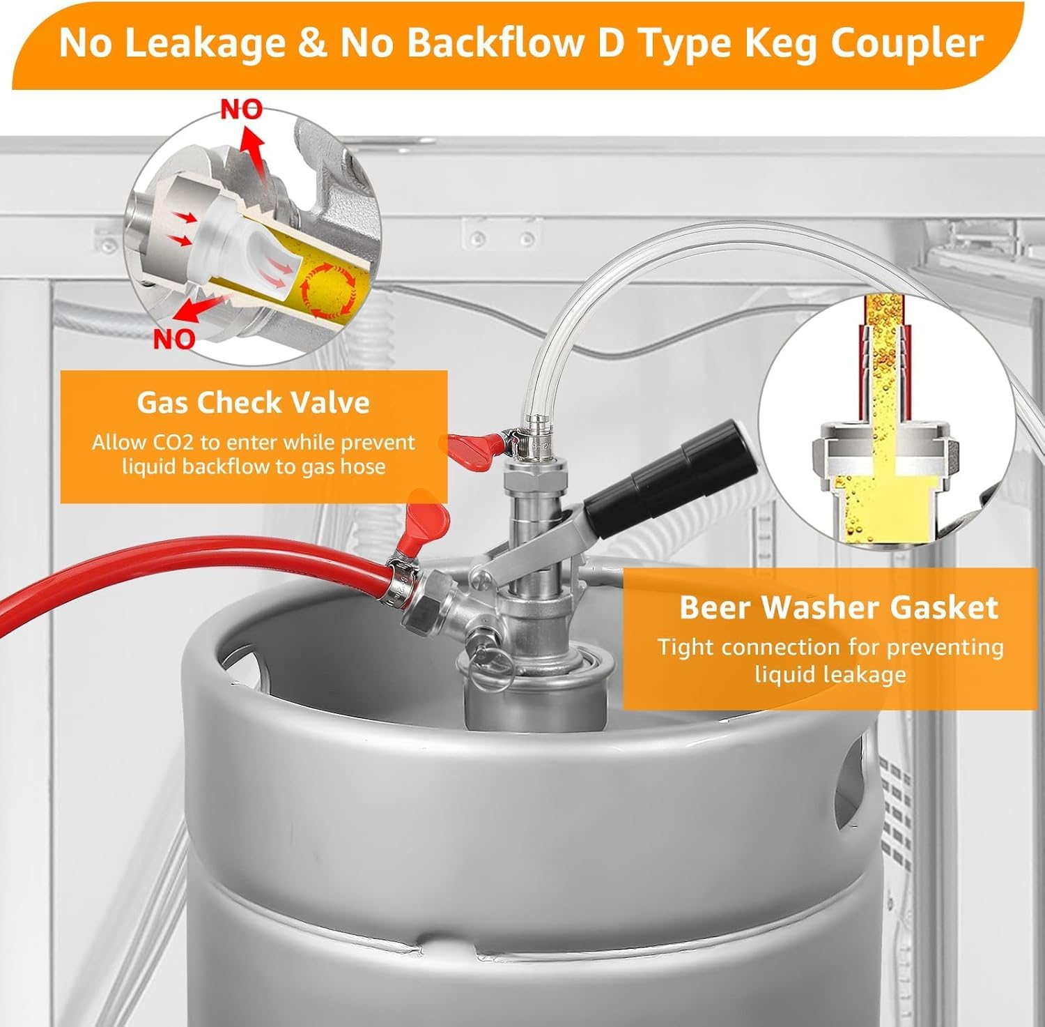 All Stainless Steel D Keg Coupler, O.D 1/4'' & 5/16” Beer Tailpiece & 5/16'' Gas Barb Commercial Kegerator Sankey Keg Coupler D Coupler Keg Tap Beer Keg Coupler for Kegerator with Hose Clamp