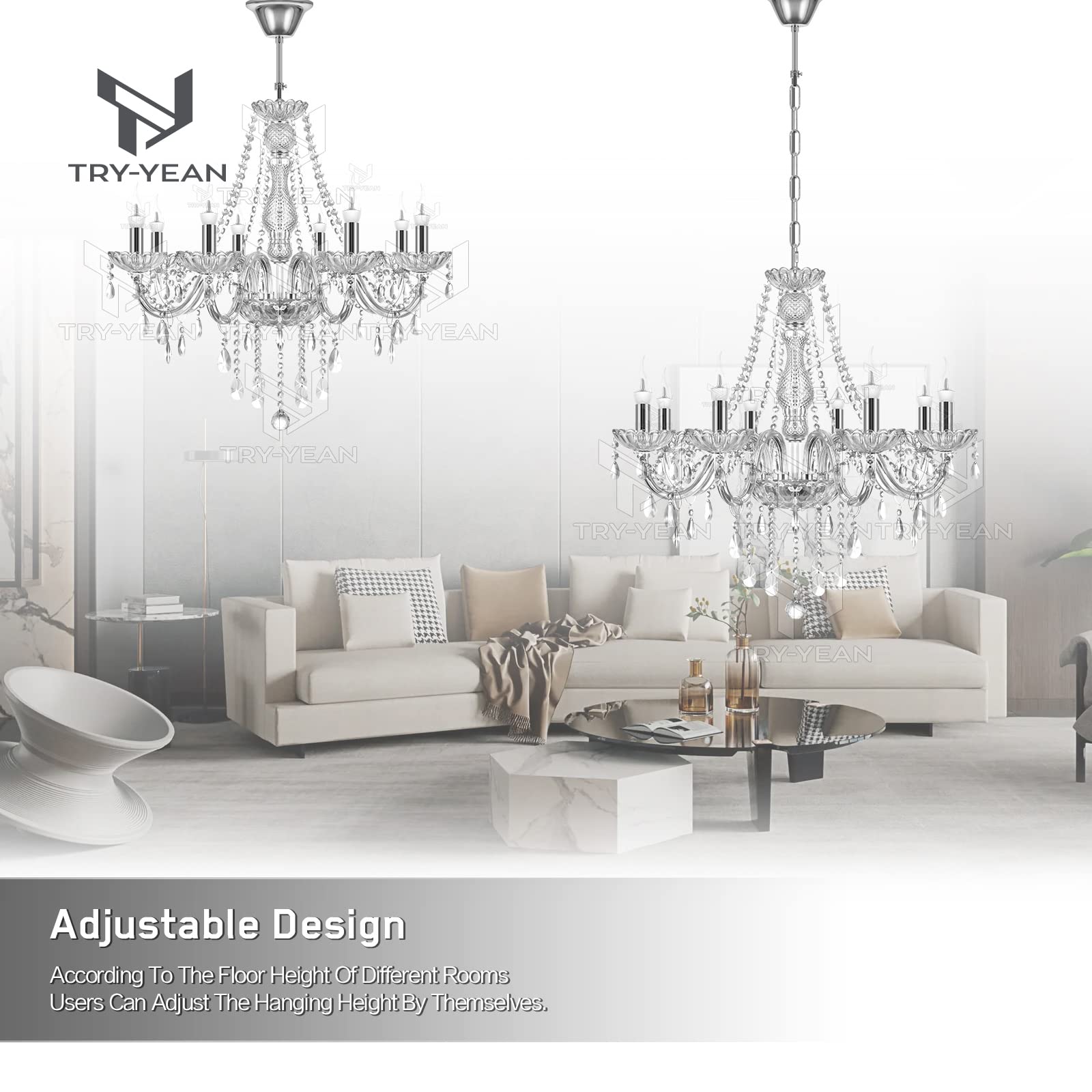Lussuoso Lampadario a 8 Bracci Lampadario in K5 Cristallo Trasparente Lampada a Sospensione E14 con Catena Regolabile Stile Candela per Camera da Letto, Soggiorno, Sala da Pranzo, Corridoio