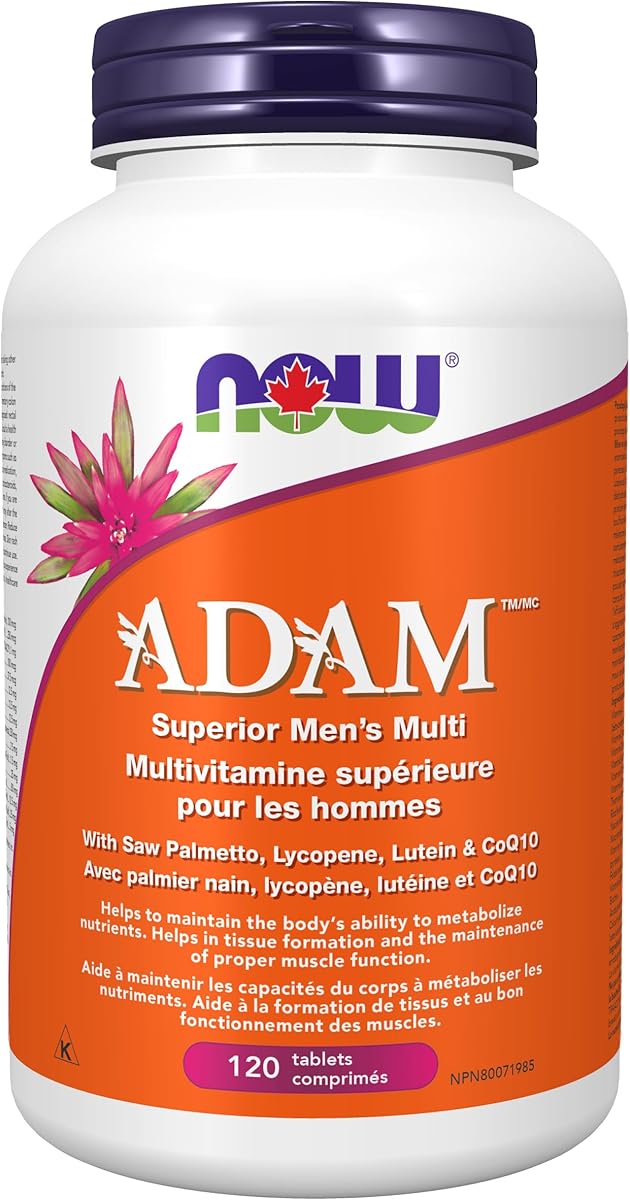 NOW NOW Supplements, ADAM Men's Multivitamin with Saw Palmetto, Lycopene, Alpha Lipoic Acid and CoQ10, Plus Natural Resveratrol & Grape Seed Extract, 120 Tablets