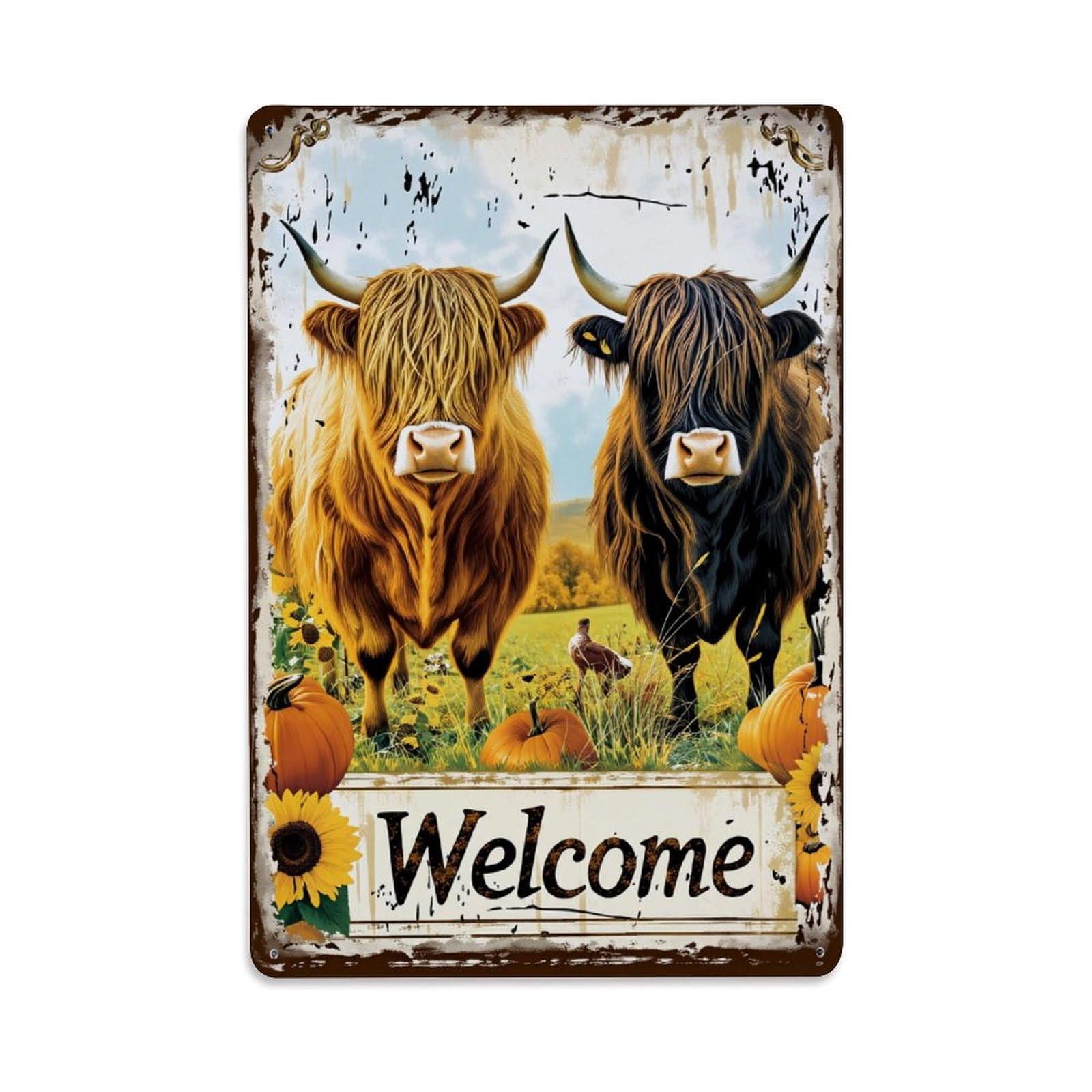 Enderetf Vintage Cows Pumpkins Sunflowers Welcome Autumn Tin Sign Metal Poster, Home Bar Garage Man Cave Cafe Indoor & Outdoor Wall Decoration 8X12inches