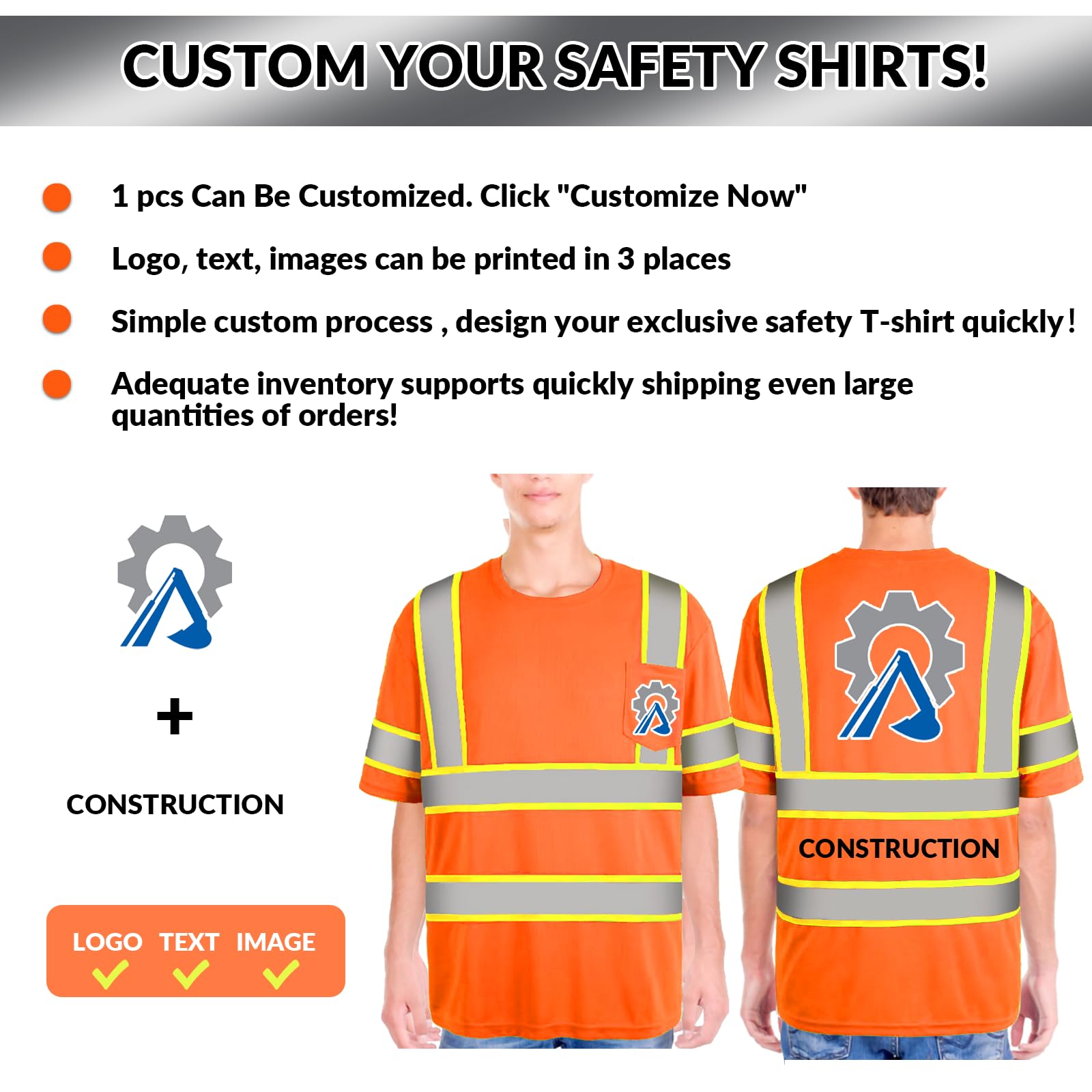 Safety Shirts Logo Custom High Visibility Shirts Class 3 Hi Vis Reflective T Shirts Construction Work Shirts for Men/Women Orange Short Sleeve-(Large,1Pack)