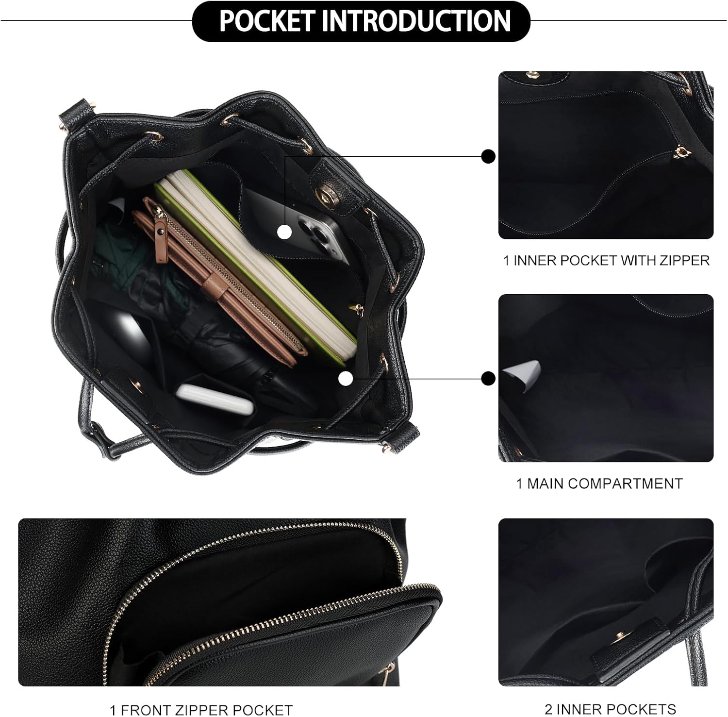 AFKOMST Drawstring Bucket Bag for Women Medium Spring and Summer Purse Hobo Handbag with Crossbody Guitar Strap | Fit 11" Pad, A5 Notebook, Long Wallet, Soft Vegan Leather - Image 6