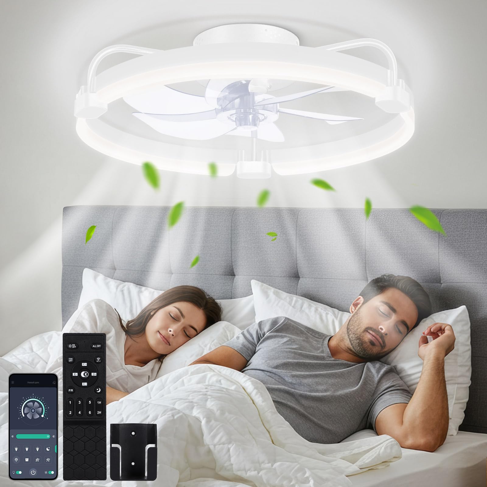 OUTON 50cm Ventilatore da Soffitto con Luce e Telecomando, 3000-6500K Dimmerabile, 6 Velocità Reversibili, Timer, Memoria, Lampada Ventilatore da Soffitto per Camera da Letto Soggiorno Cucina, Bianco