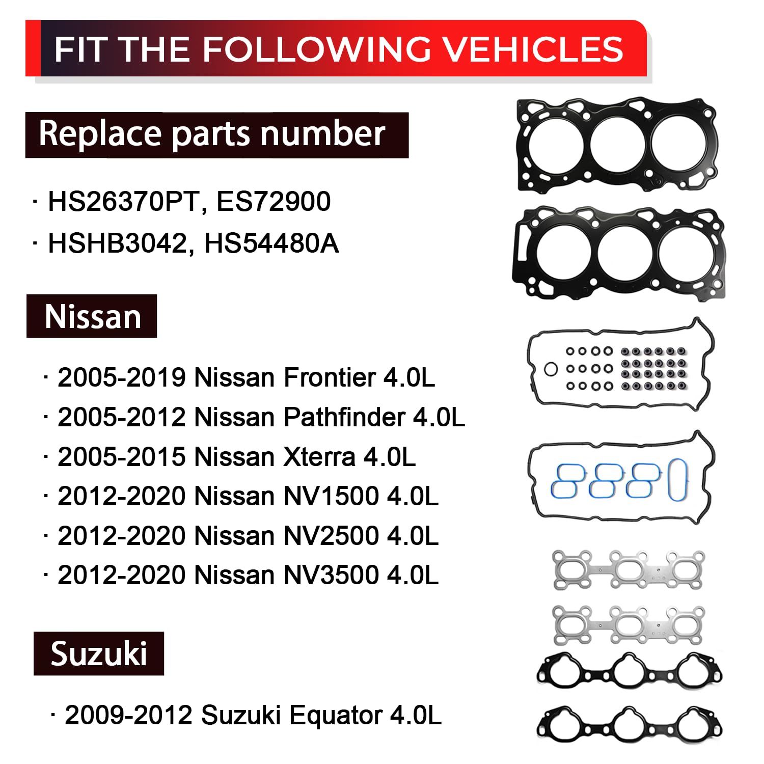 HS26370PT Head Gasket Set with Bolts Compatible with Nissan Frontier 2005-2019,Pathfinder 2005-2012,Xterra 2005-2015,NV 1500/2500/3500 2012-2020,Suzuki Equator 2009-2012 ES72900 HSHB3042
