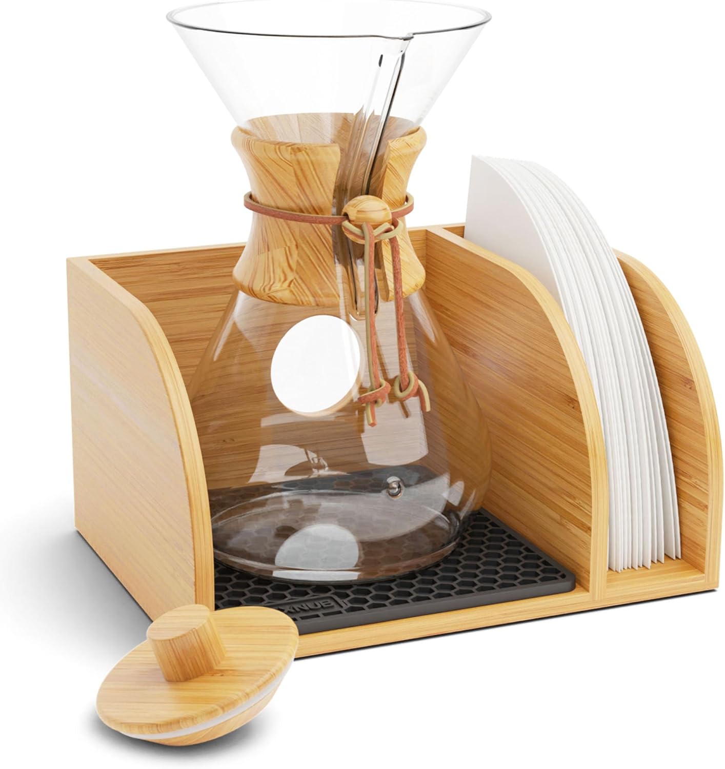 HEXNUB Caddy and Lid for Pour Over Coffee Maker, Bamboo Stand fits Chemex, Bodum, Cosori Coffee Carafes, Heatproof Mat, Filter Holder – Black Mat HEXNUB Caddy and Lid for Pour Over Coffee Maker, Bamboo Stand fits Chemex, Bodum, Cosori Coffee Carafes, Heatproof Mat, Filter Holder – Black Mat