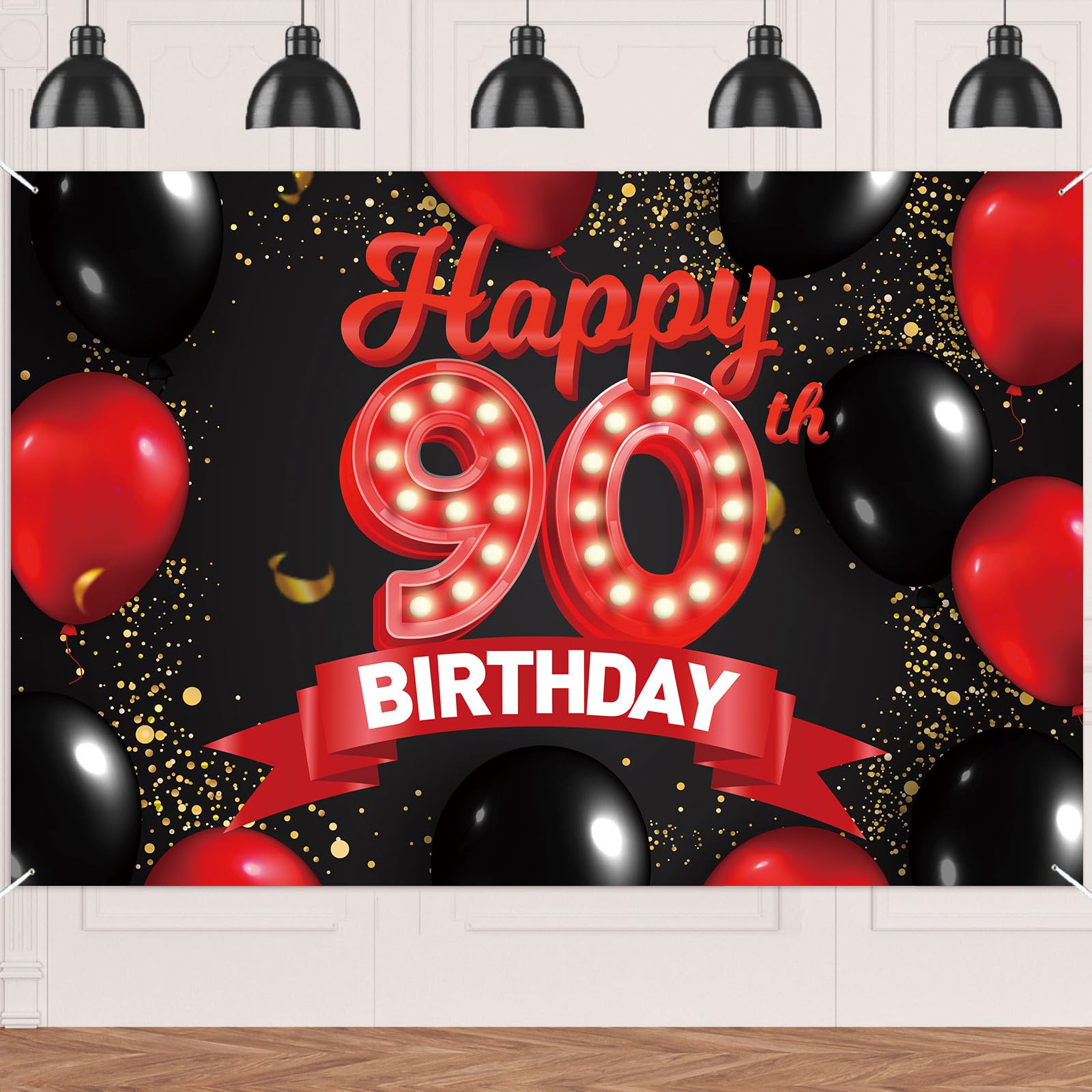 Happy 90th Birthday Red and Black Banner Backdrop Decorations Balloons Theme Decor for Girls Women Princess 90 Years Old Birthday Party Bday Photo