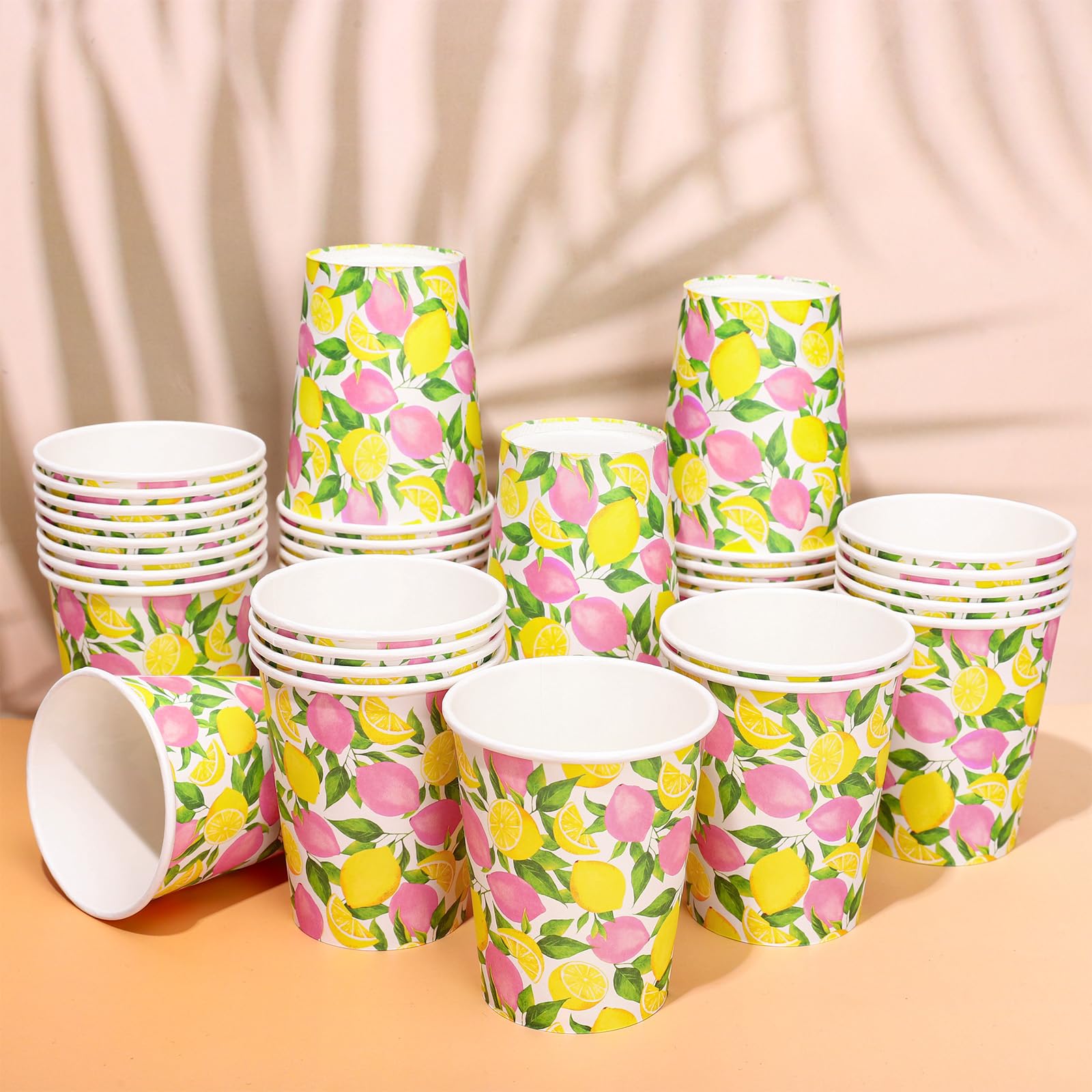 Whaline 50 Pcs Summer Lemon Paper Cups Watercolor Pink Yellow Lemon Disposable Cups for Hot Cold Drinks Birthday Holiday Fruit Party Table Supplies, 9