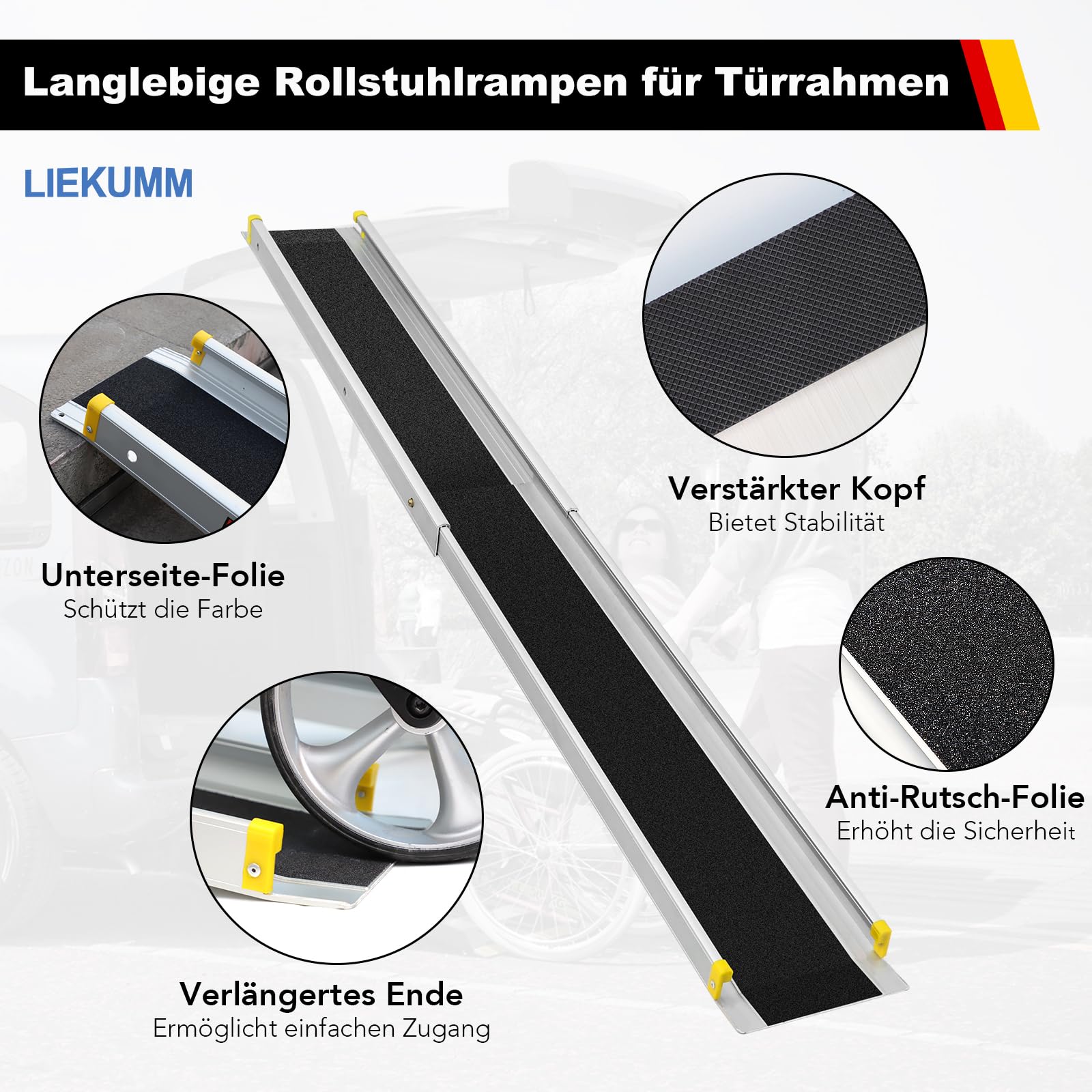 LIEKUMM 2X Teleskop Rollstuhlrampe 105–183 cm, 300 kg Tragkraft | Teleskoprampe für Rollstühle, Scooter, Elektrorollstühle, Türschwellen und Fahrräder, 3-fach verstellbar, mit Tragetasche