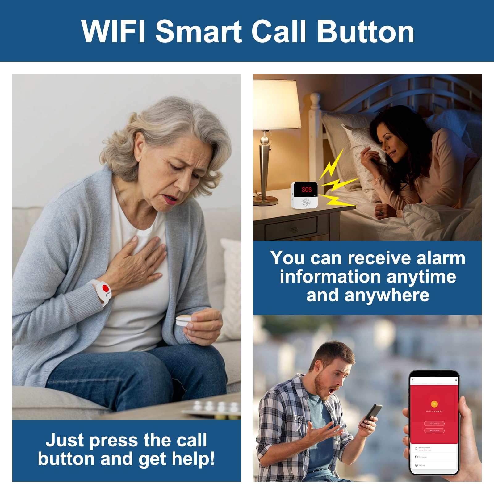 Boton Emergencia Ancianos,Avisador Personas Mayores,WIFI Boton Llamada Emergencia para Pacientes/ Ancianos/ Niños/ Mujeres embarazadas (2 botones de llamada SOS 1 receptor)