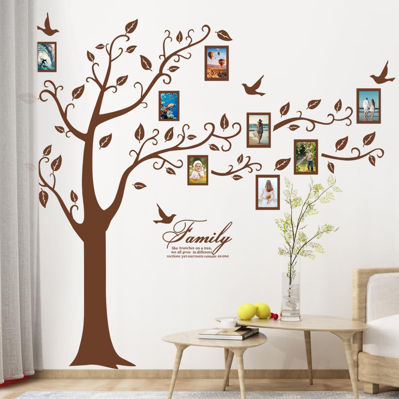 Large Family Photo Tree Wall Sticker 3D Peel and Stick Vinyl Photo Frame Tree Wall Decals Removable Quotes Leaf and Birds Wall Decor for Home Kids Bedroom Living Room Classroom Nursery (Right, Brown)