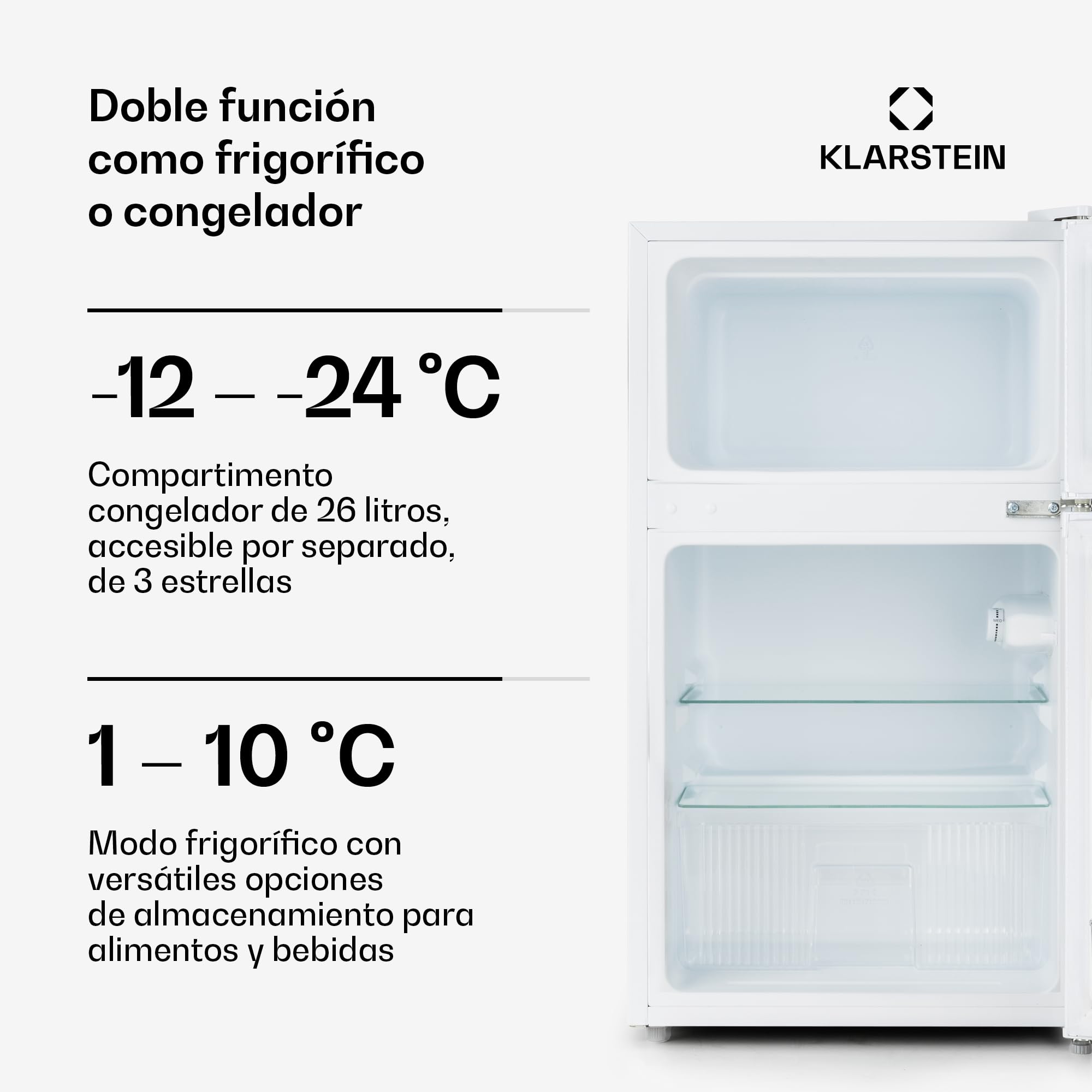 KLARSTEIN Big Daddy Cool – Combinación Nevera-Congelador, Neveras silenciosas de 87L de capacidad, Eficiencia energética clase E, Frigorífico de 61L, Congelador de 26L, Blanco