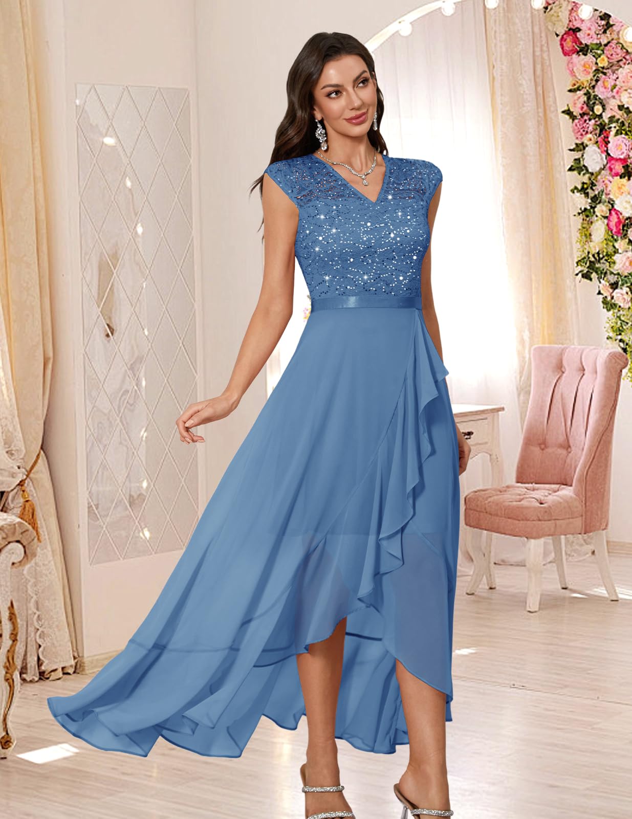 Bbonlinedress Abendkleid elegant für Hochzeit Glitzer Kleid Chiffon Abschlusskleid lang festliches Brautkleid Spitze Party Cocktailkleid