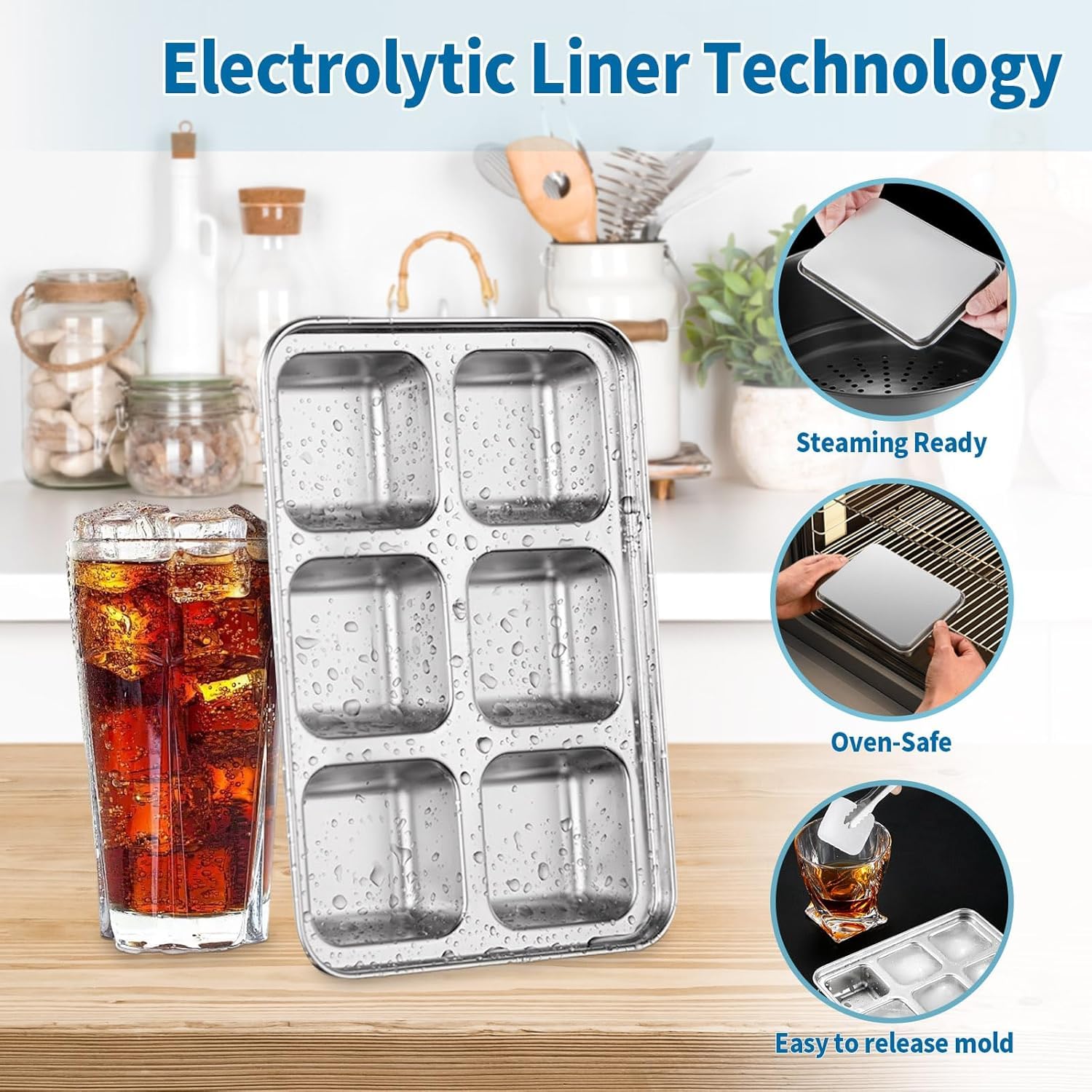 Bac à glaçons réutilisable en acier inoxydable pour congélateur, 2 pièces avec 6 compartiments carrés pour cocktails et boissons à whisky