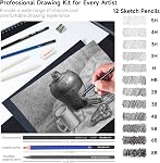 Shuttle Art Sketching et dessin de crayons, 37-Piece Crayons de croquis professionnels dans un étui à fermeture éclair, kit de dessin Art Fournitures avec Graphite Charcoal Sticks Tool Livre de croquis pour adultes Enfants