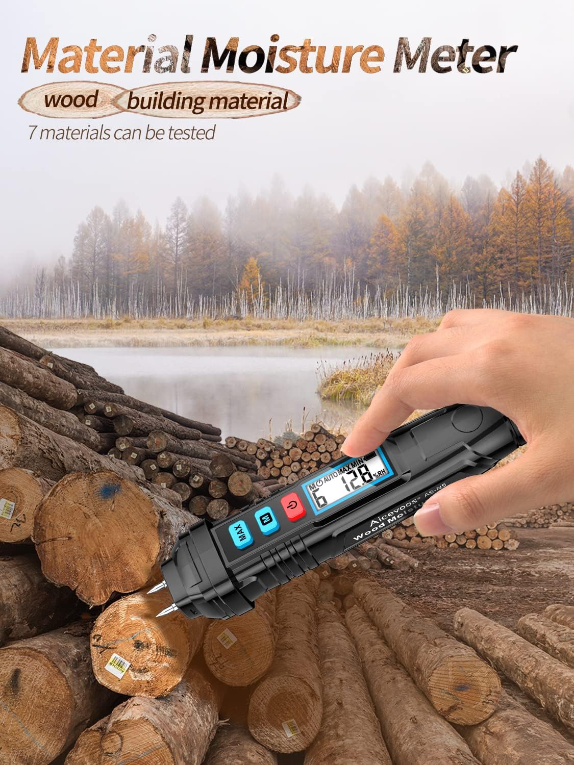 Aicevoos N5 Digital Moisture Meter in use on wood logs