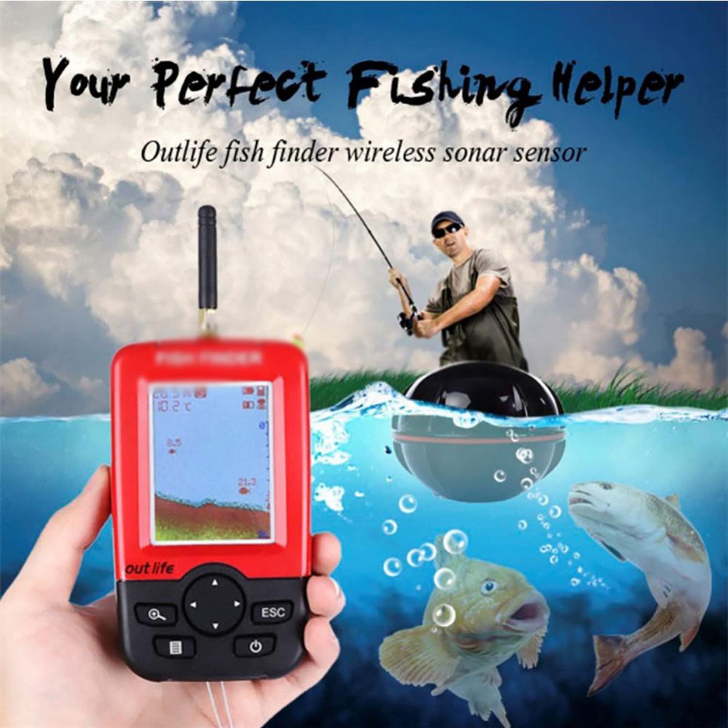 Fishfinder Wireless Portatile, ecoscandaglio con sensore ecoscandaglio, Raggio di rilevamento della profondità dell'Acqua da 3 Piedi (1 m) a 328 Piedi (100 m), per la Pesca in Barca