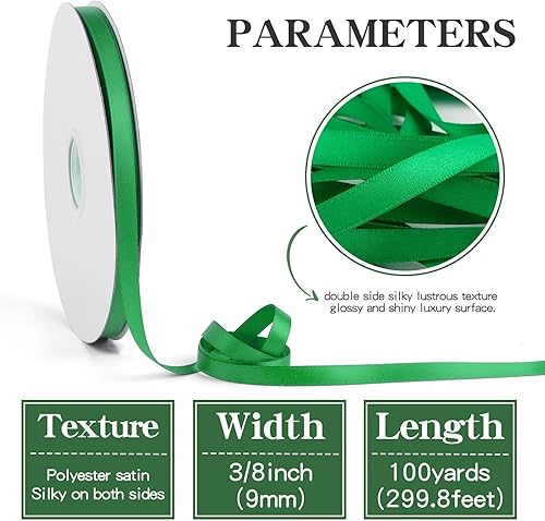Miniatura 2 de Cinta de satén verde esmeralda de 38 de pulgada, 100 yardas, cintas de tela de color sólido, rollo para envolver regalos, bodas y festivales (verde