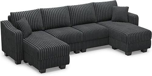 Miniatura 9 de Belffin Sofá en forma de U con tumbonas reversibles, sofás seccionales para sala de estar, sofá modular con otomanas de pana (gris oscuro, en forma