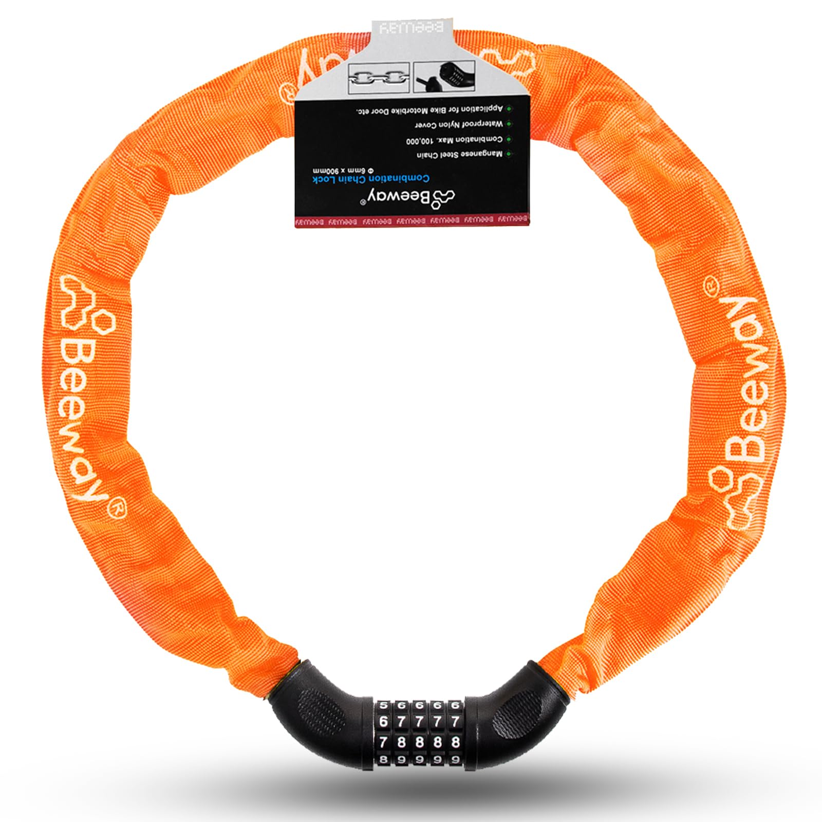 BEEWAY Bike Chain Lock, Heavy-Duty 5-Digit Resettable Combination Lock Ideal for Bicycle, Motorbike, Scooter, Fence, Gate - 90cm, 9 Colors