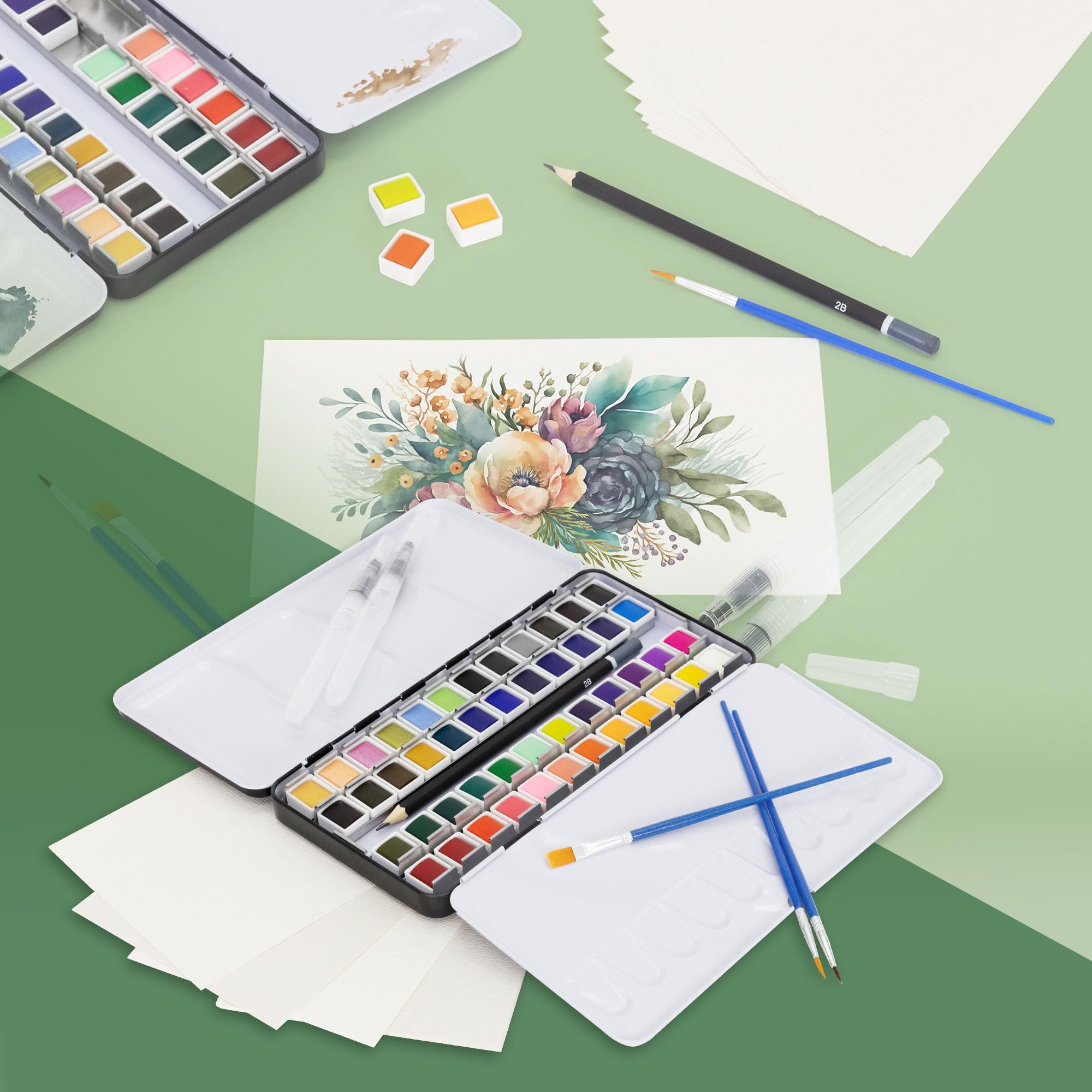 ECD Germany Estuche de Acuarelas Set de 48 Colores en Caja Metálica Portátil incl. 3 Pinceles, 1 Lápiz 2B, 2 Lápices Acuarelables y 4 Hojas, Caja Completa de Pintura para Principiantes y Profesionales