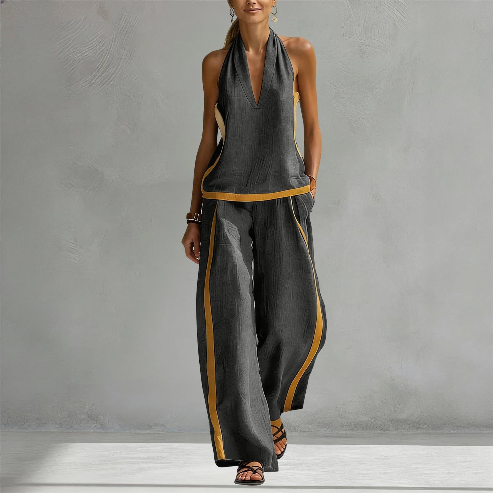 2026Conjunto Mujer Dos Piezas Casual Verano Elegante Lino Y Algodón Conjunto Moda Casual con Cuello en V Ligero y Transpirable Sin Mangas Top Pantalones Sueltos con Bolsillo para Vacaciones