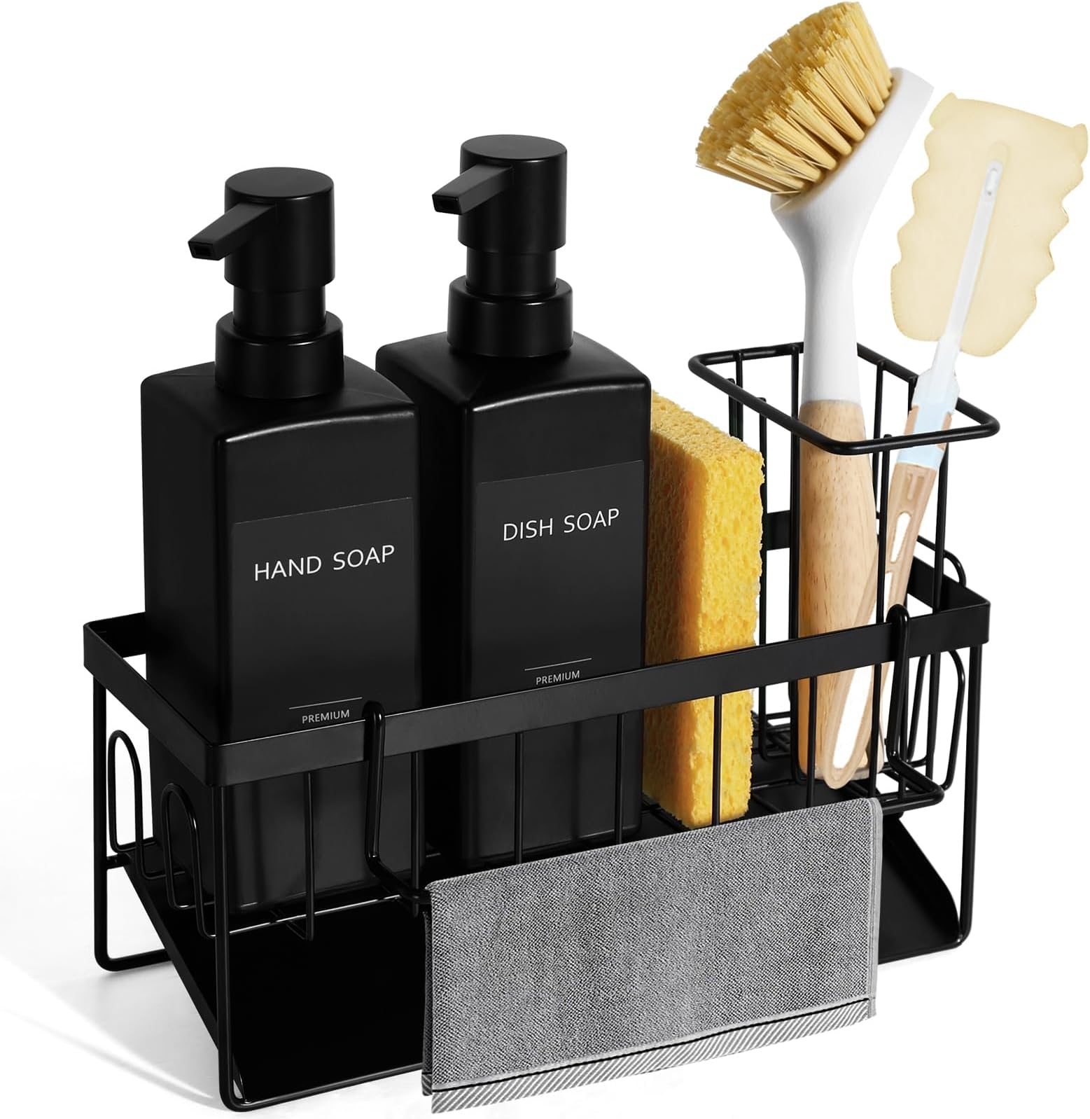 GMISUN Dish Soap Dispenser, 12 fl oz / 350 ml Dual Kitchen Soap Dispensers with Sponge Holder, Customized Matte Black Kitchen Soap Dispenser Set, Modern Hand and Dish Soap Bottle Set Removable