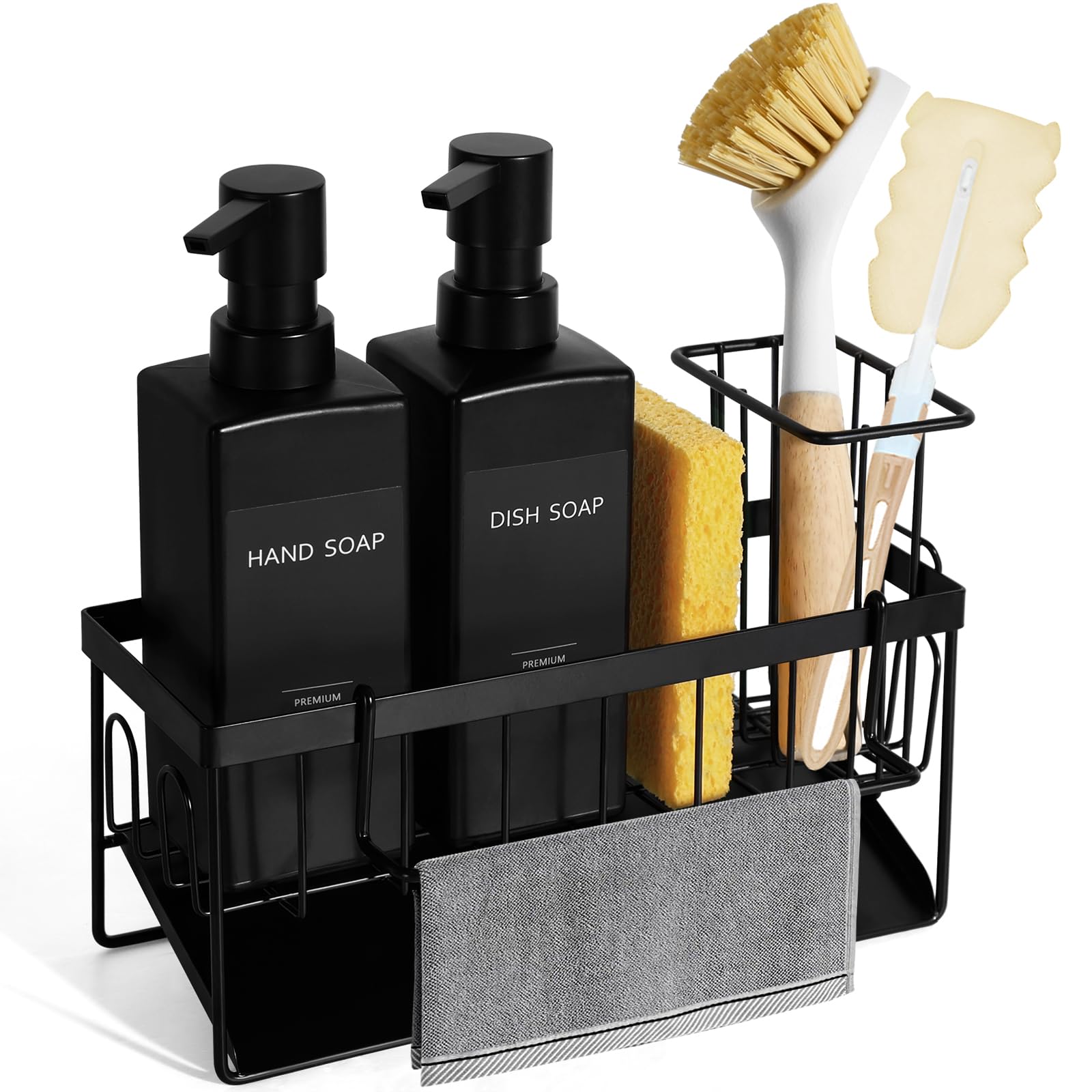 GMISUN Dish Soap Dispenser, 12 fl oz / 350 ml Dual Kitchen Soap Dispensers with Sponge Holder, Customized Matte Black Kitchen Soap Dispenser Set, Modern Hand and Dish Soap Bottle Set Removable