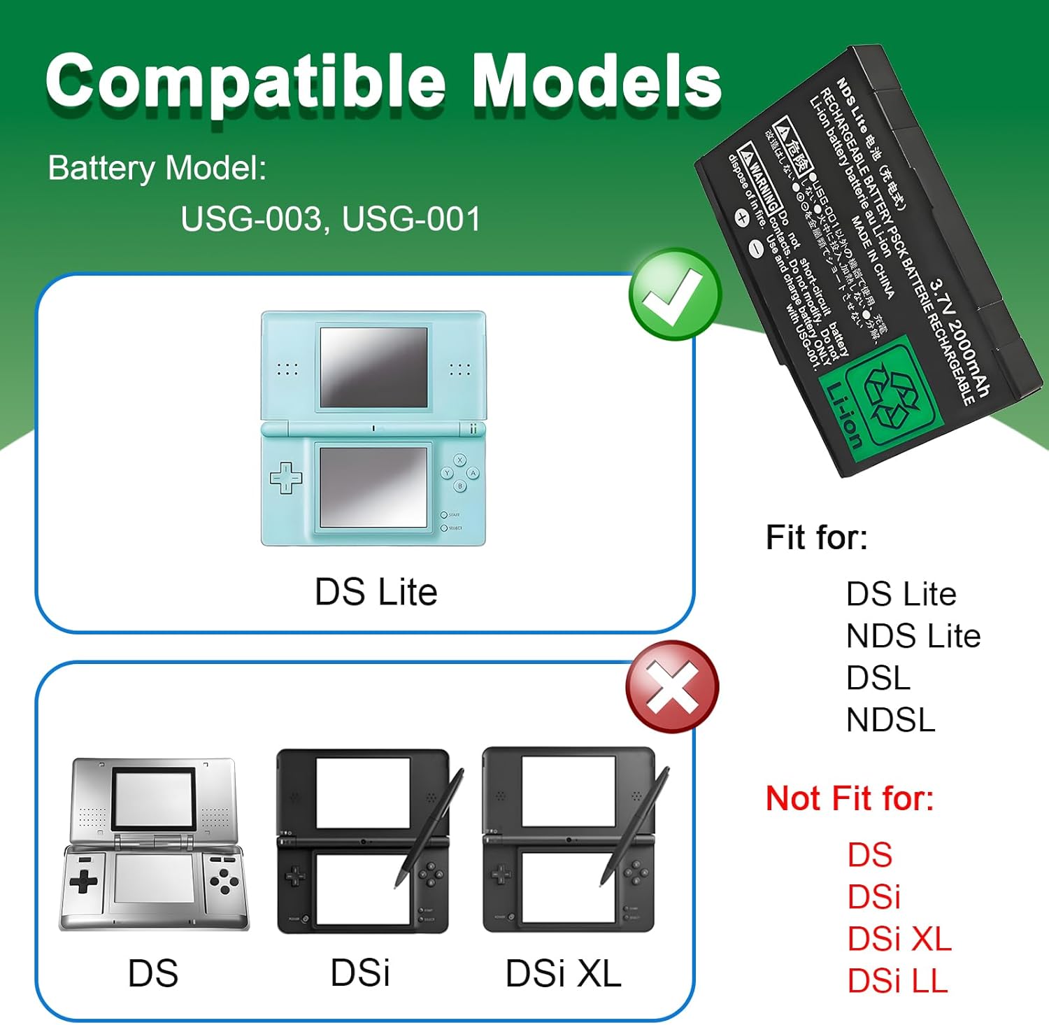 USG-003 for Nintendo DS Lite Battery - USG-001 Battery Replacement Compatible with Nintendo DS Lite, NDS Lite, DSL, NDSL Game Player 3.7V 3