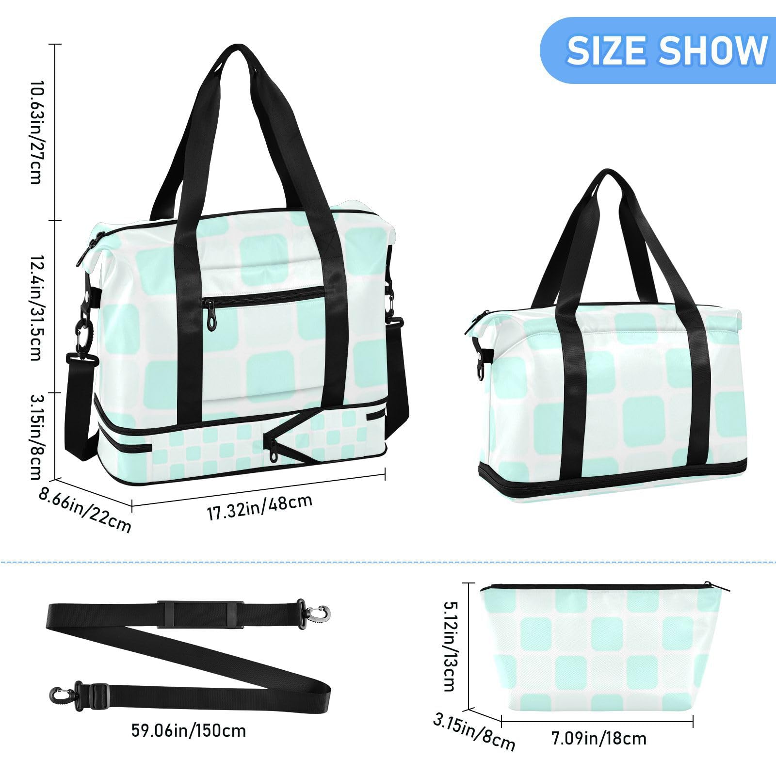 Reisetasche mit Nassfach, verstellbarer Riemen, für Reisen, 2-teiliges Set, für Damen und Herren, Mintgrün