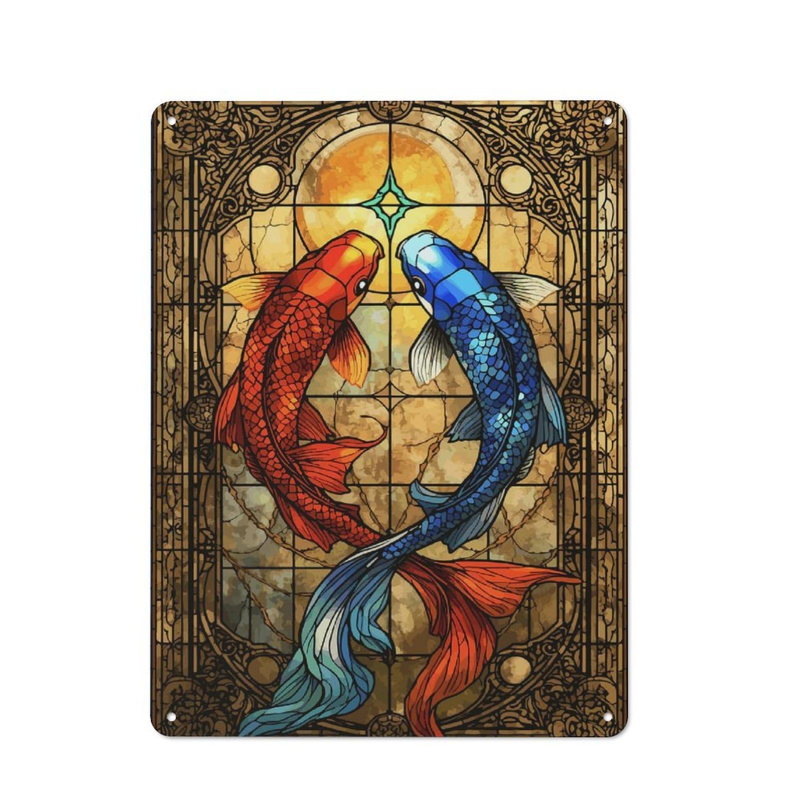 Junmoney Style-19 Kitchen Metal Sign With Koi Fish Stained Glass Art Design 40X30cm, Cosy Kitchen Wall Decor For Coffee Bar, Kitchen, Bistro Or Tea Corner