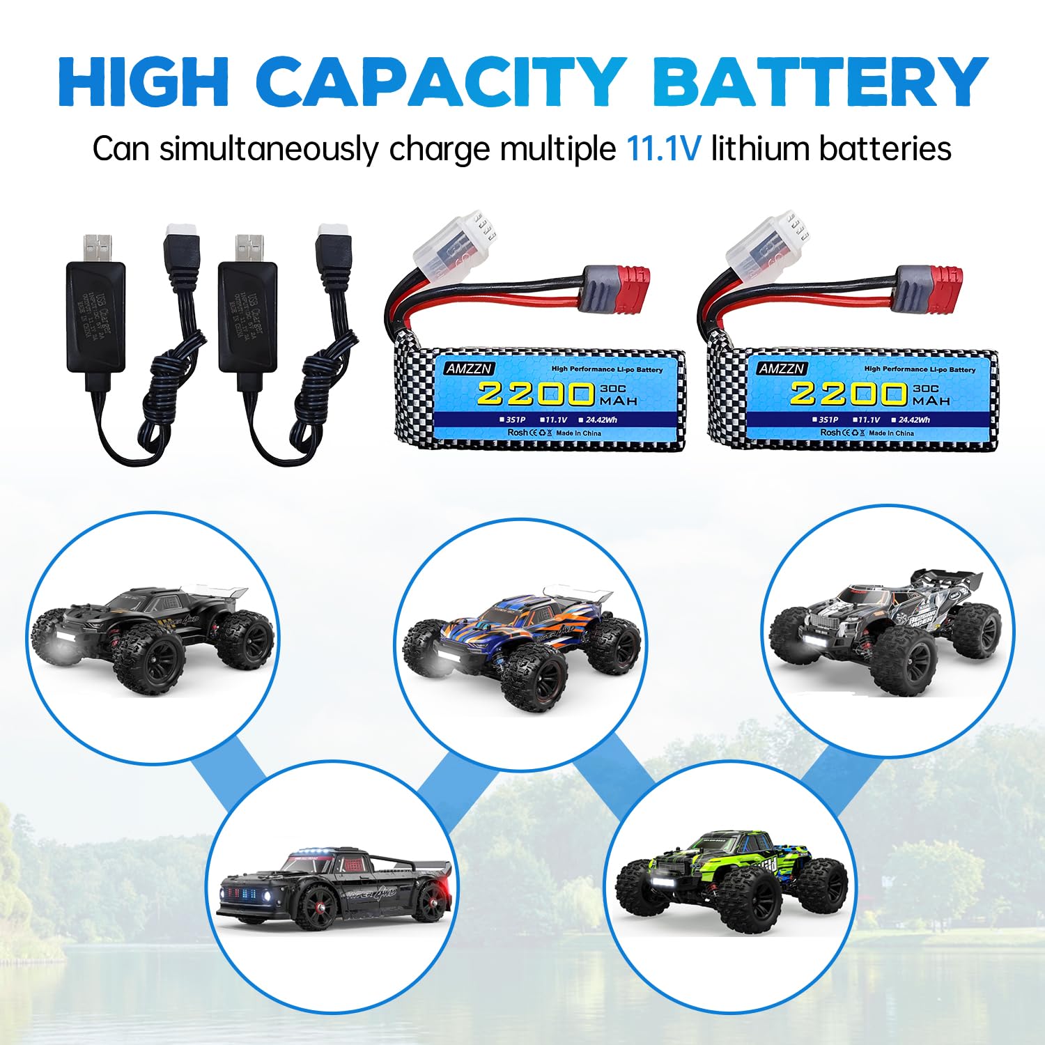 2PCS 11.1V 2200mAh 30C 3S T-Plug Lipo Batteria con caricatore USB per MJX H16 H16P H16E H16GT H16BM H16DR H16PL 14301 RC auto, modello Drift ad alta velocità batteria aggiornata