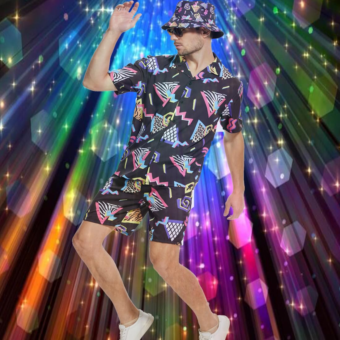 CEKUIA 80s 90s Fancy Dress Shell Suit Disco T-shirts Shorts Set Costume Hip-hop Sportswear for Men Women Tracksuit with Glasses and Hat - Image 5