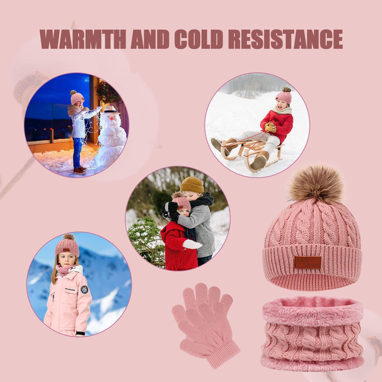 MIVAIUN Rosa 3 Piezas Gorro de Punto Invierno Térmico con Guantes y Bufanda Forro Polar Niños Set Accesorios de Invierno para Niñas Bufanda de Ganchillo Gorro de Punto Niñas 3-5 Años