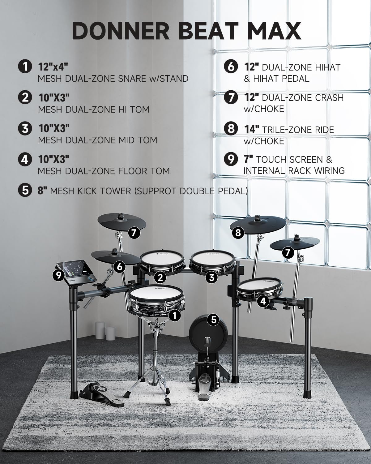 Donner Beat Max Electronic Drum Set, Electric Drum Kit with 12" Quiet Mesh Drum Pads, 14" Cymbals w/Choke, 100 Kits and 1100+ Sounds, Sticks, USB MIDI, DONNER PLAY app (5 Pads, 4Cymbals)