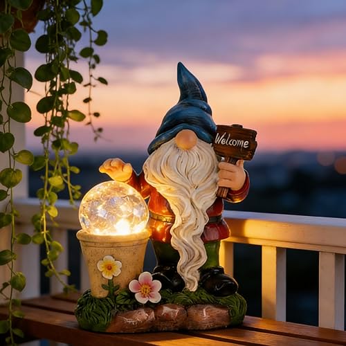 DiliComing Estatuas solares de gnomos de jardín para exteriores, bonita estatua de gnomo con bienvenida para patio, porche, césped, figura de gnomo