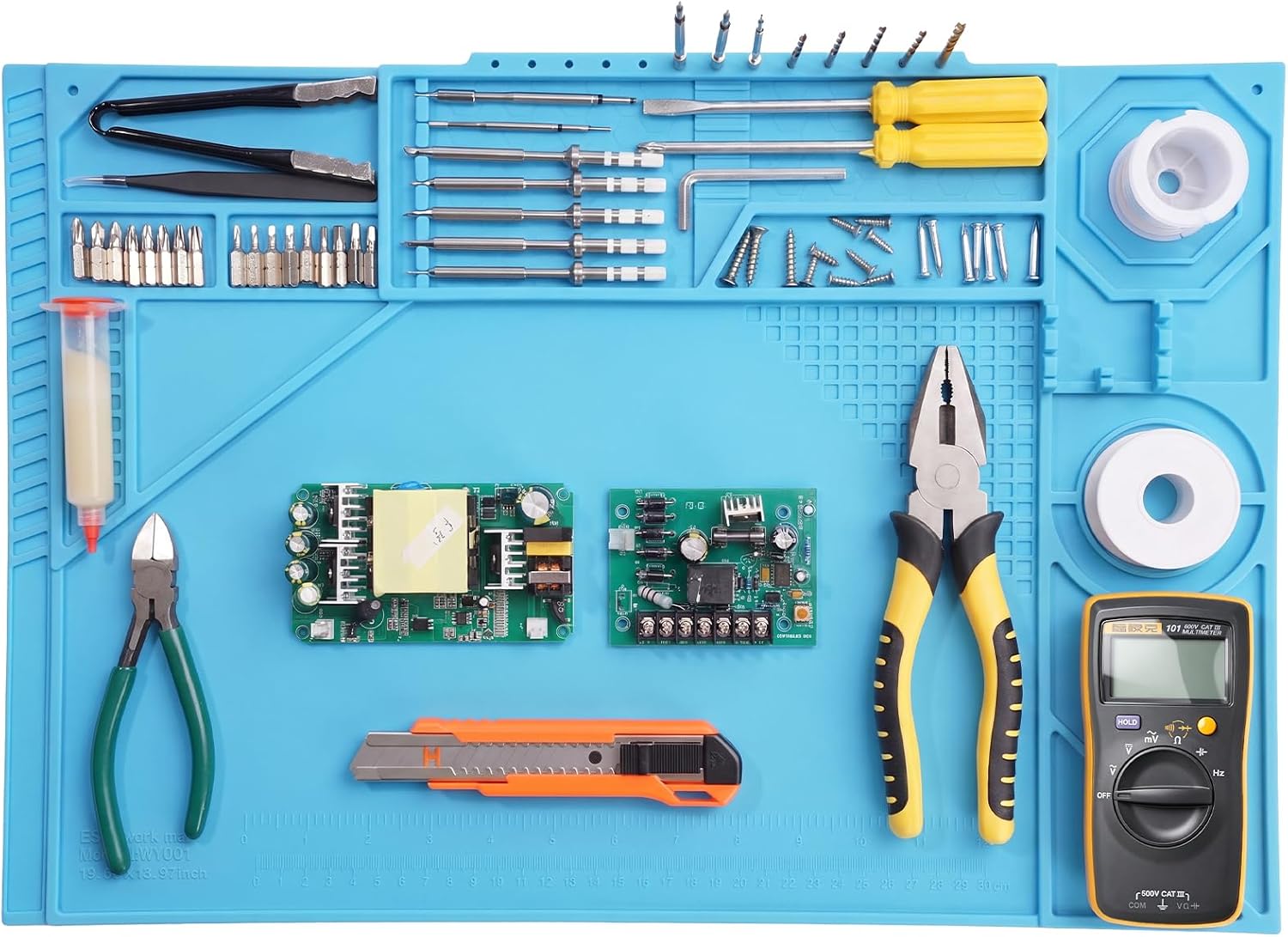 Silicone Soldering Mat with Soldering Stand, Heat Resistant 932°F, Large 20x14 Inch Non-Stick Workbench Mat for Electronics Repair, PCB, Phone, Watch, PC Building, Hobby & Craft – Blue