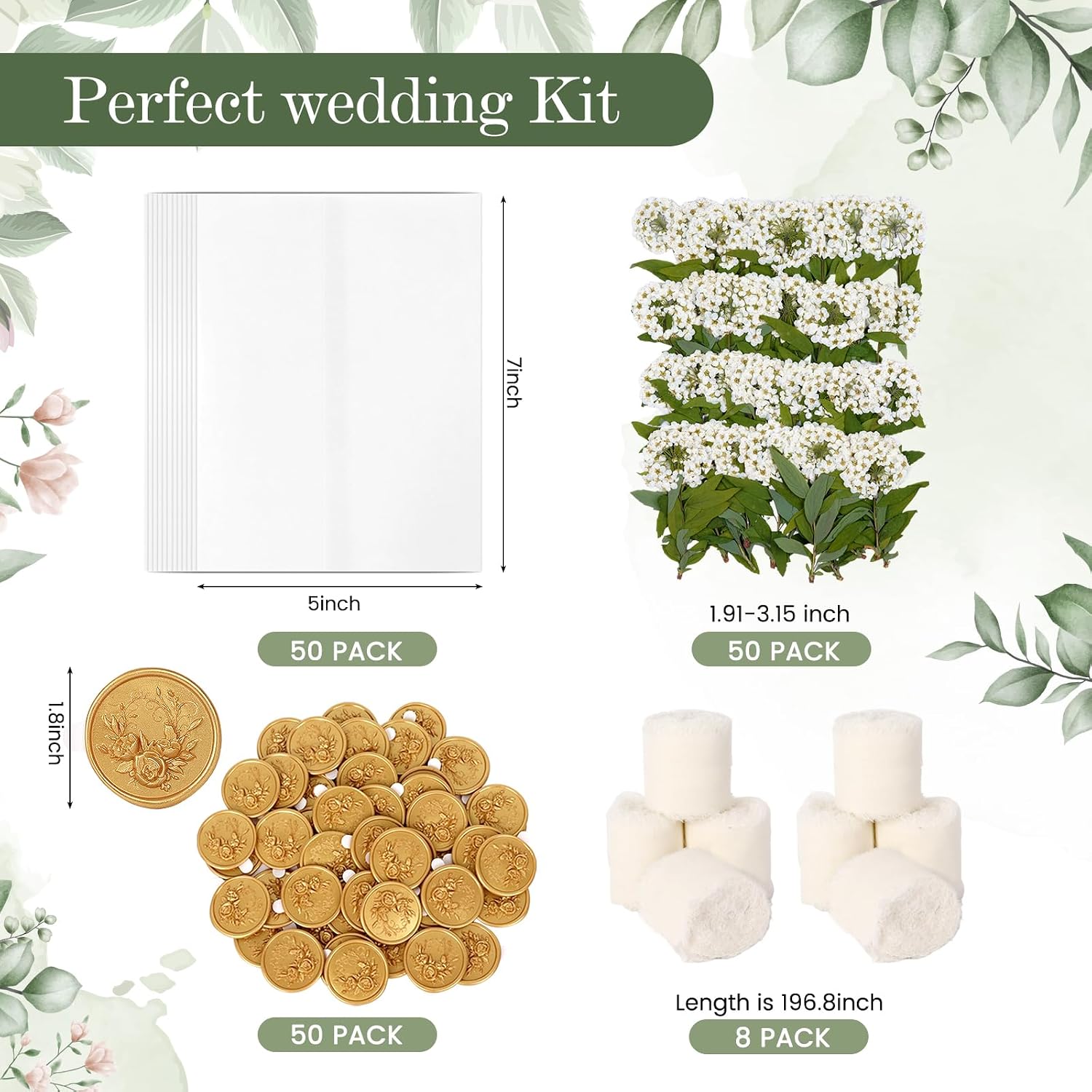 50 Sets Wedding Invitation Envelopes Kit,Pre-Folded Vellum Jackets for 5×7 Invitations Self Adhesive Gold Wax Seal Stickers,Ribbon and White Dried Flowers,Perfect for handmade DIY Wedding Invitations