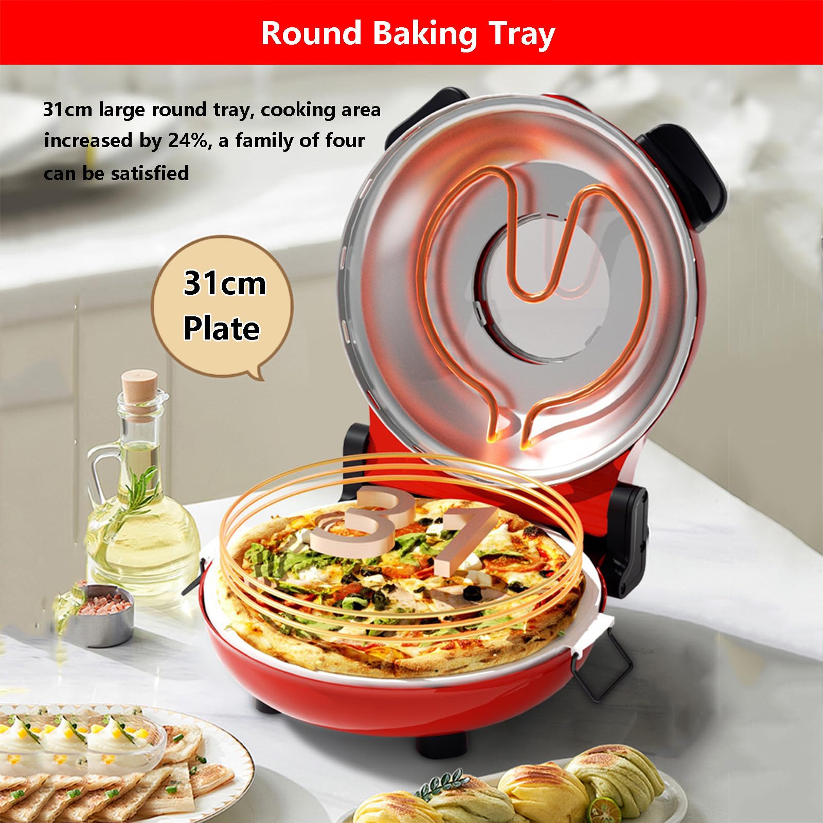 Horno De Pizza Portátil Y Máquina para Hacer Pan, Temporizador De 0 A 15Minutos | Hornos Antiadherentes para Hornear Pizza De 0 A 450℃ | Bandeja De 12"/31Cm, Horno De Pizza Profesional