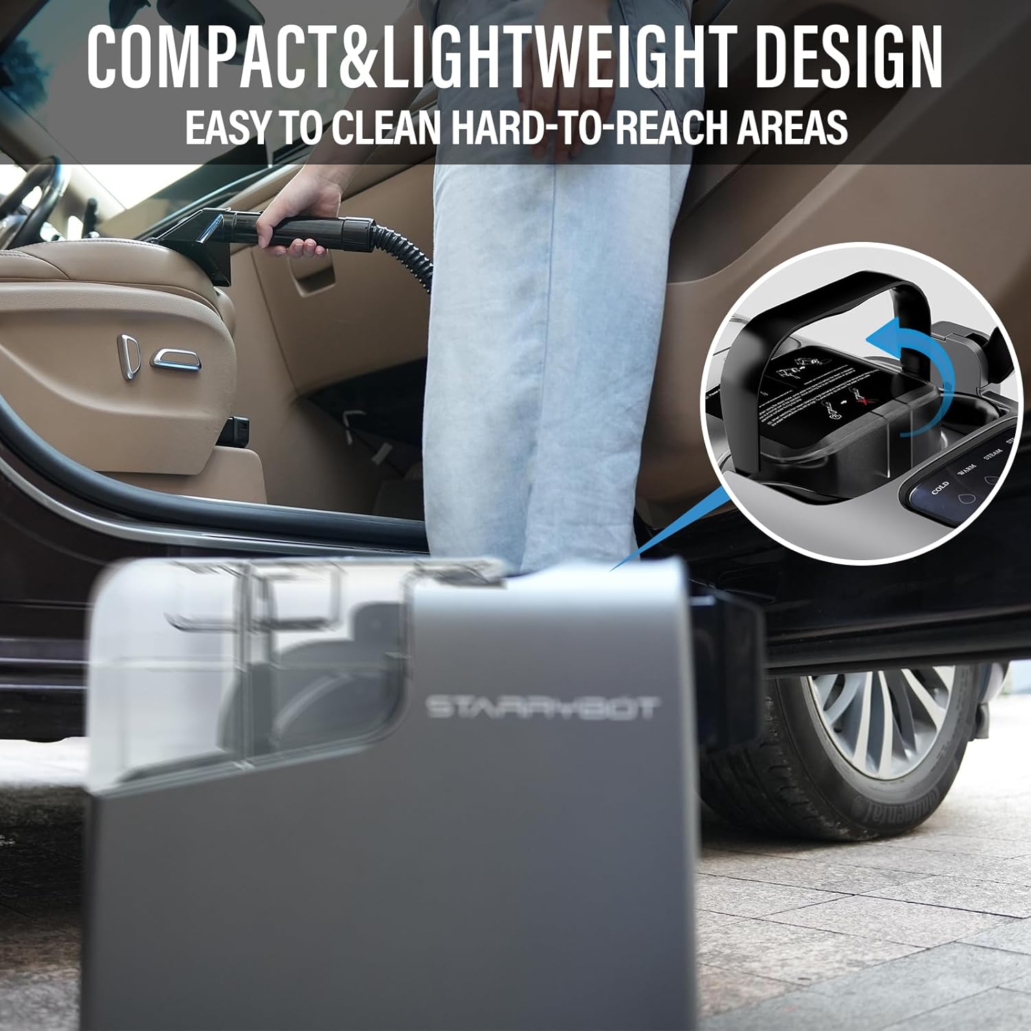 STARRYBOT Portable Carpet Cleaner in a car trunk, demonstrating compact design