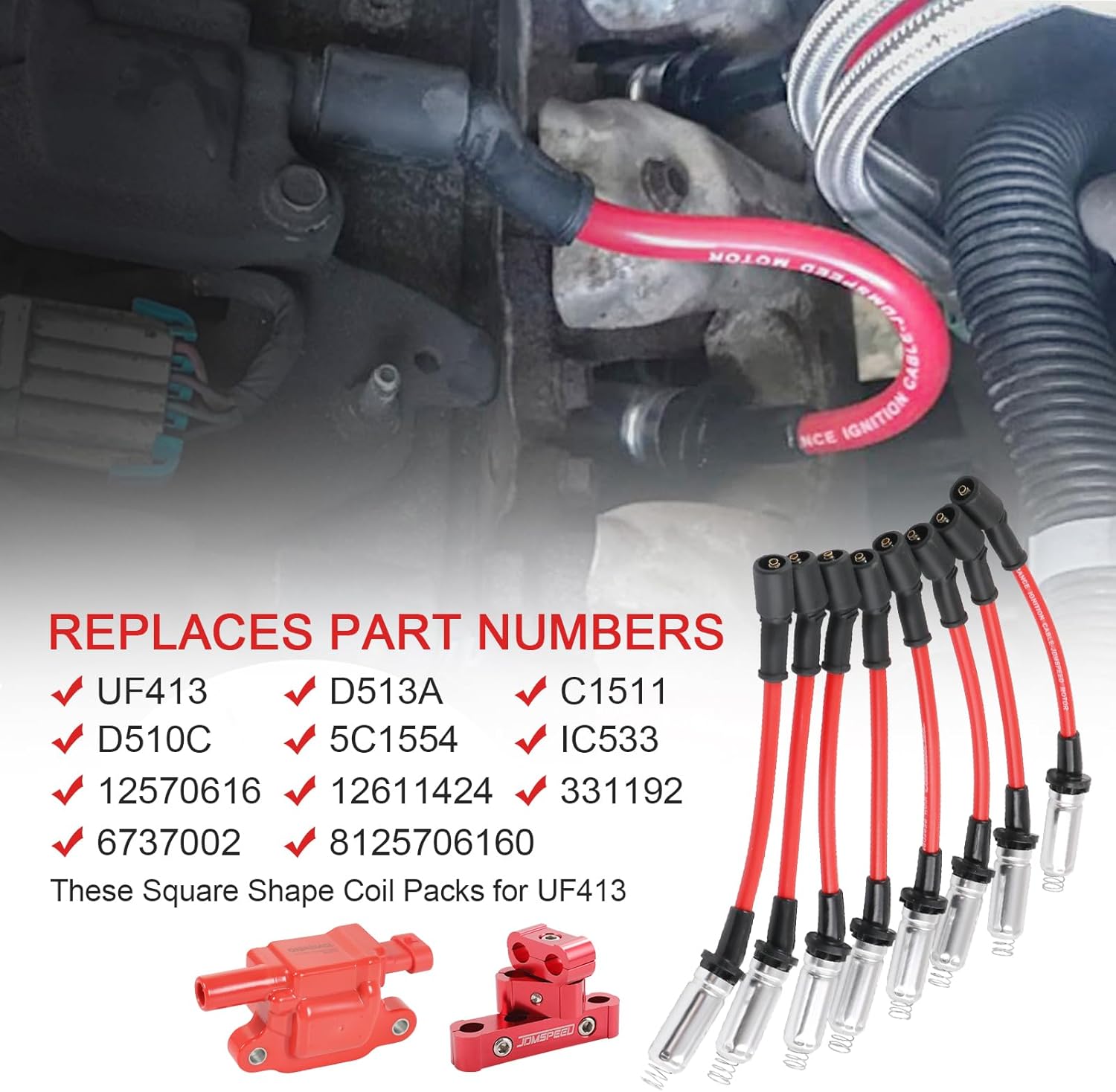 Set of 8 Ignition Coil Pack Square Type + Set of 8 8mm Spark Plug Wire Harness High Voltage Energy Compatible with Chevrolet GMC Cadillac Replace# UF413, D513A, C1511