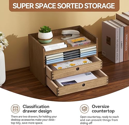 Miniatura 3 de KIRIGEN Gabinete organizador de escritorio con 2 cajones y bandeja, estante de almacenamiento de escritorio de oficina de madera para suministros de