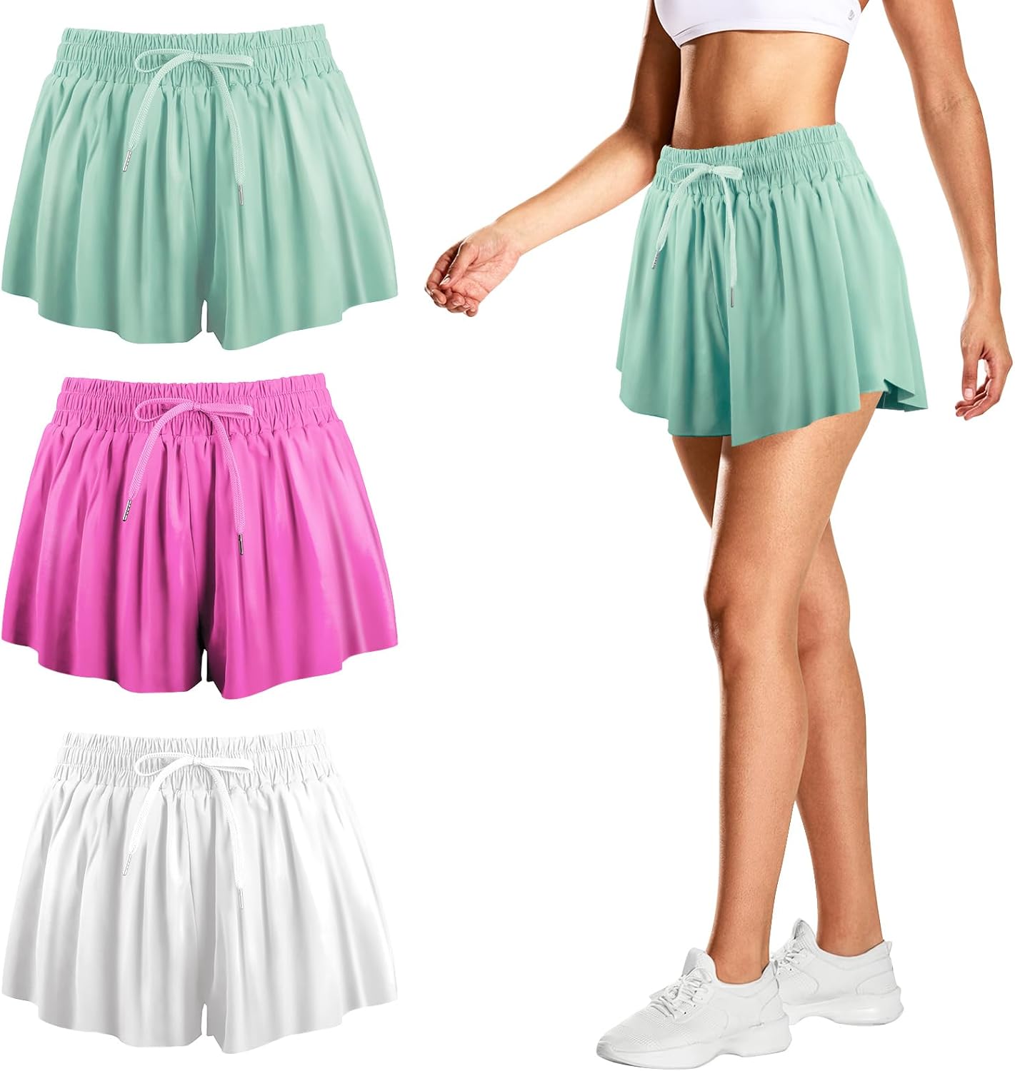 3 PCS Flowy Running Shorts,Butterfly Shorts with Spandex Liner,Flowy Athletic Short with Pocket for Girl